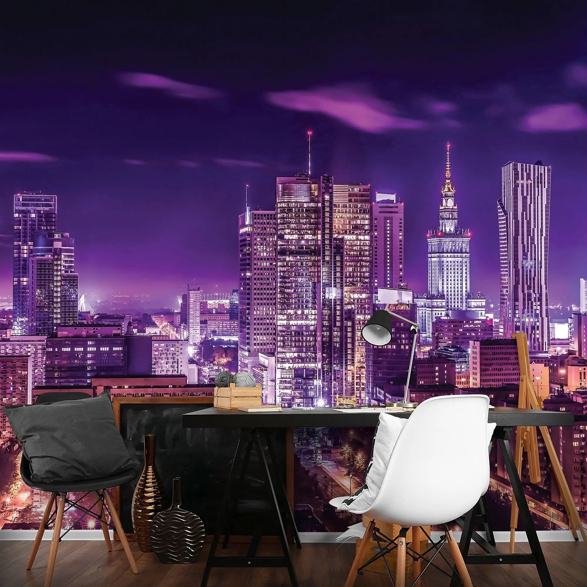 Billede 3 af Fototapet - Warszawa skyline om natten med lilla belysning