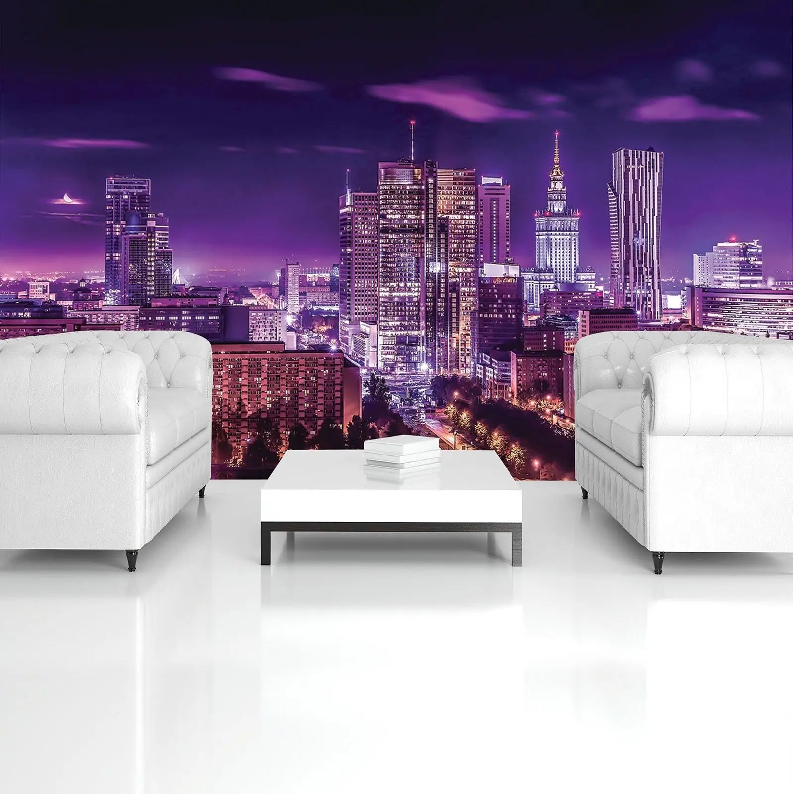 Billede 6 af Fototapet - Warszawa skyline om natten med lilla belysning