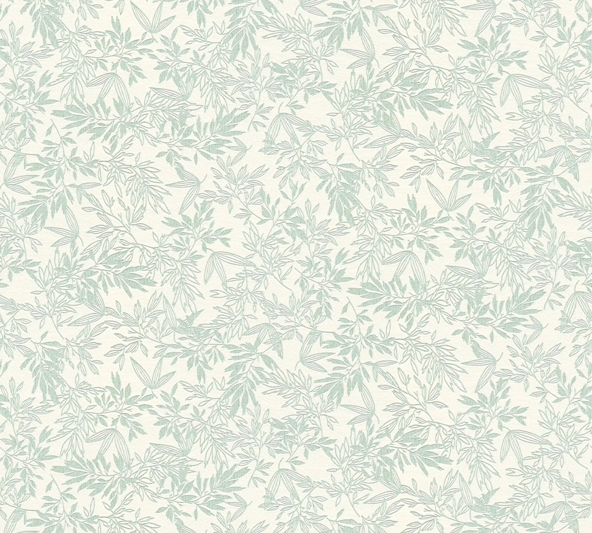Detaljeret visning af Whispering Leaves - Mint tapetmønster, med bløde lysegrønne blade.
