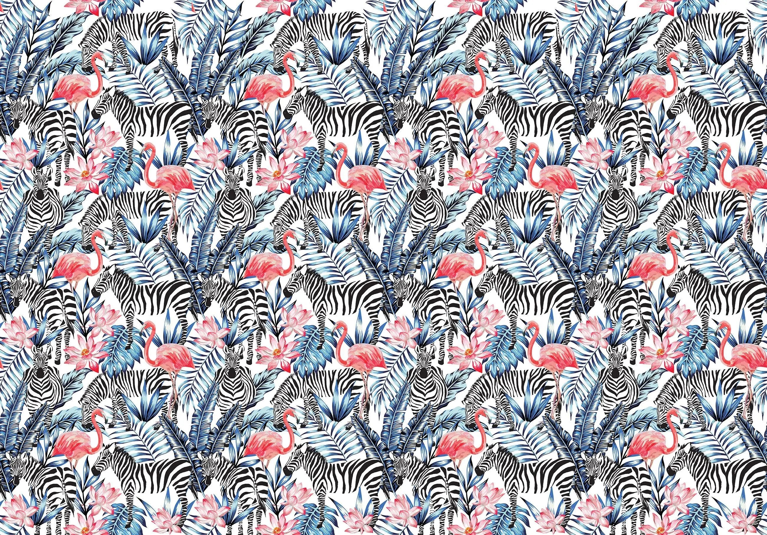 Billede 16 af Fototapet - Zebraer og lyserøde flamingoer med tropiske blade