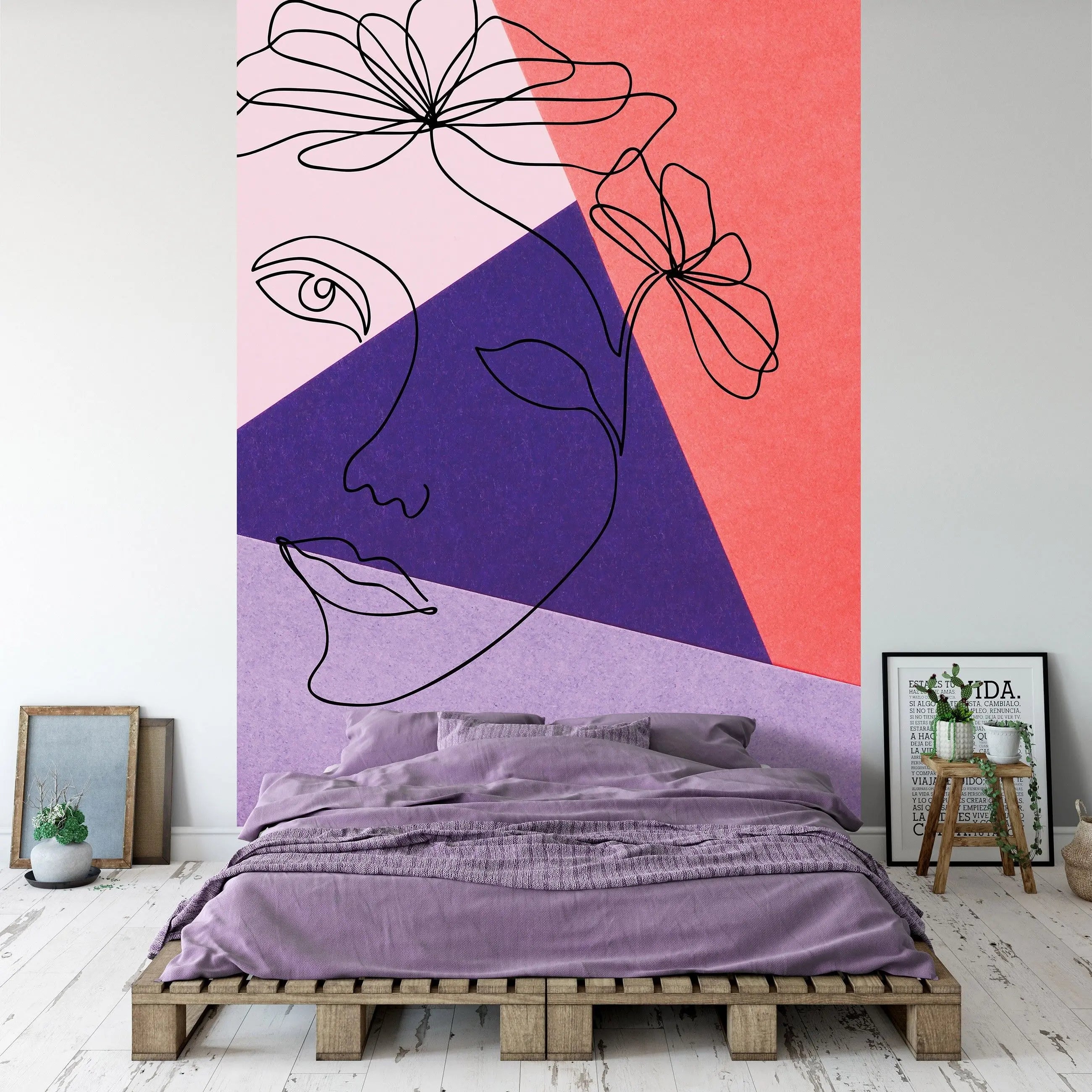 Billede 3 af Fototapet - Abstrakt ansigtstegning med blomster og geometriske former