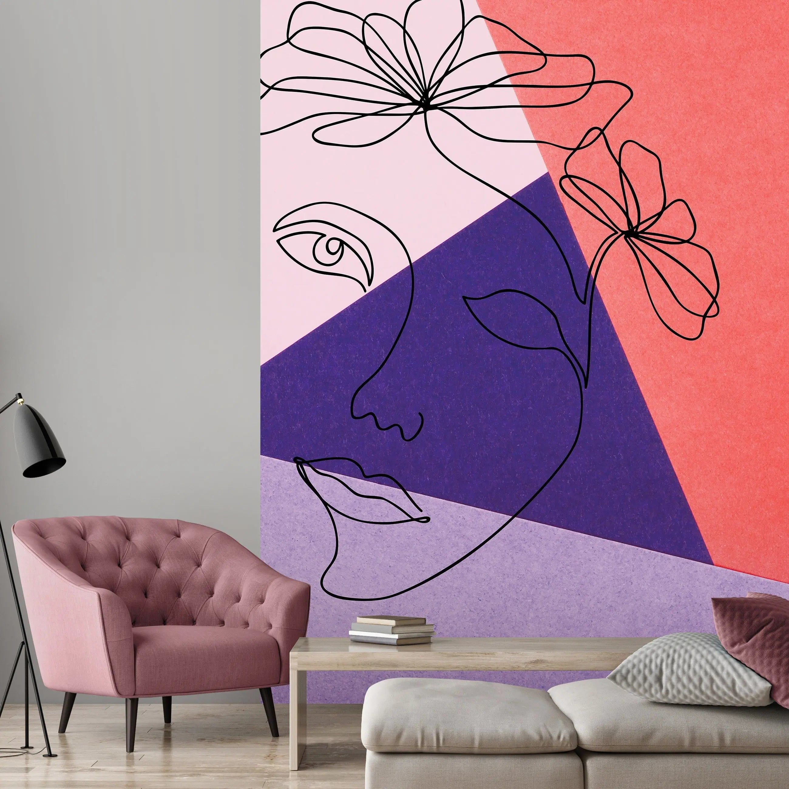 Billede 4 af Fototapet - Abstrakt ansigtstegning med blomster og geometriske former