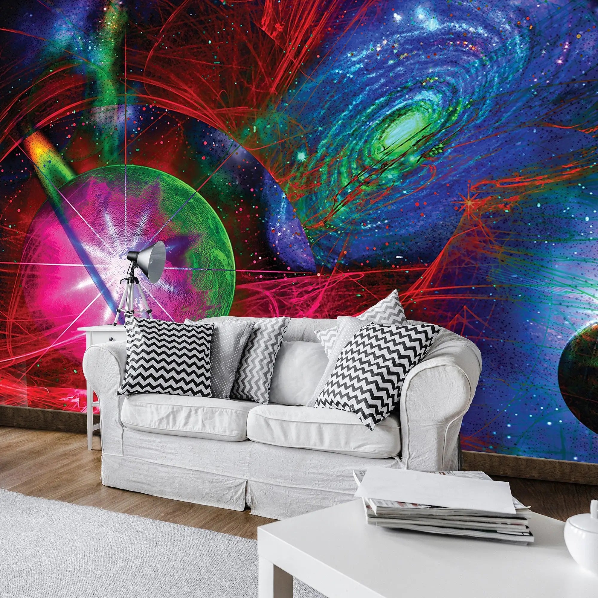 Billede 3 af Fototapet - Abstrakt univers med farverige galakser og planeter