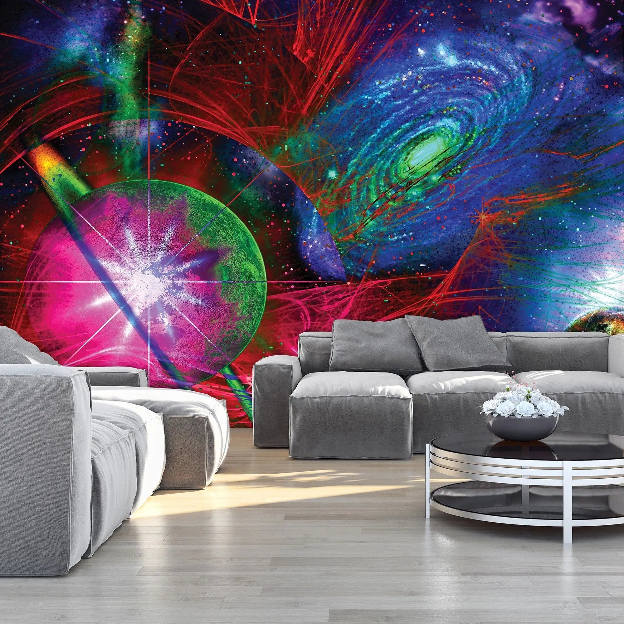Billede 6 af Fototapet - Abstrakt univers med farverige galakser og planeter