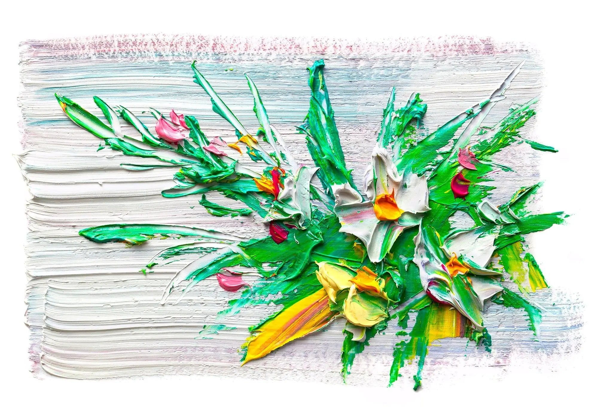 Billede 1 af Fototapet - Abstrakte blomster med grønne blade på hvid baggrund