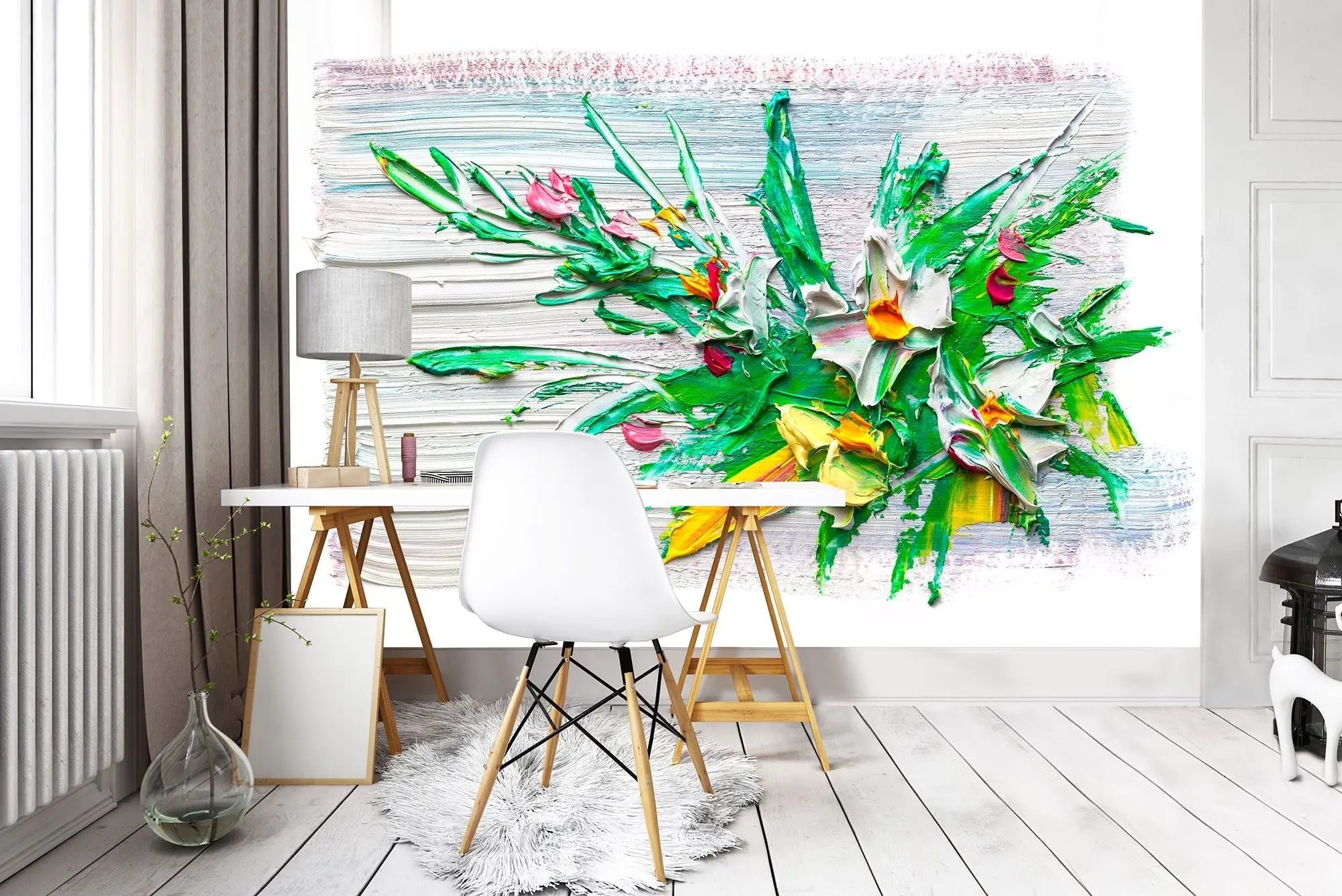 Billede 2 af Fototapet - Abstrakte blomster med grønne blade på hvid baggrund