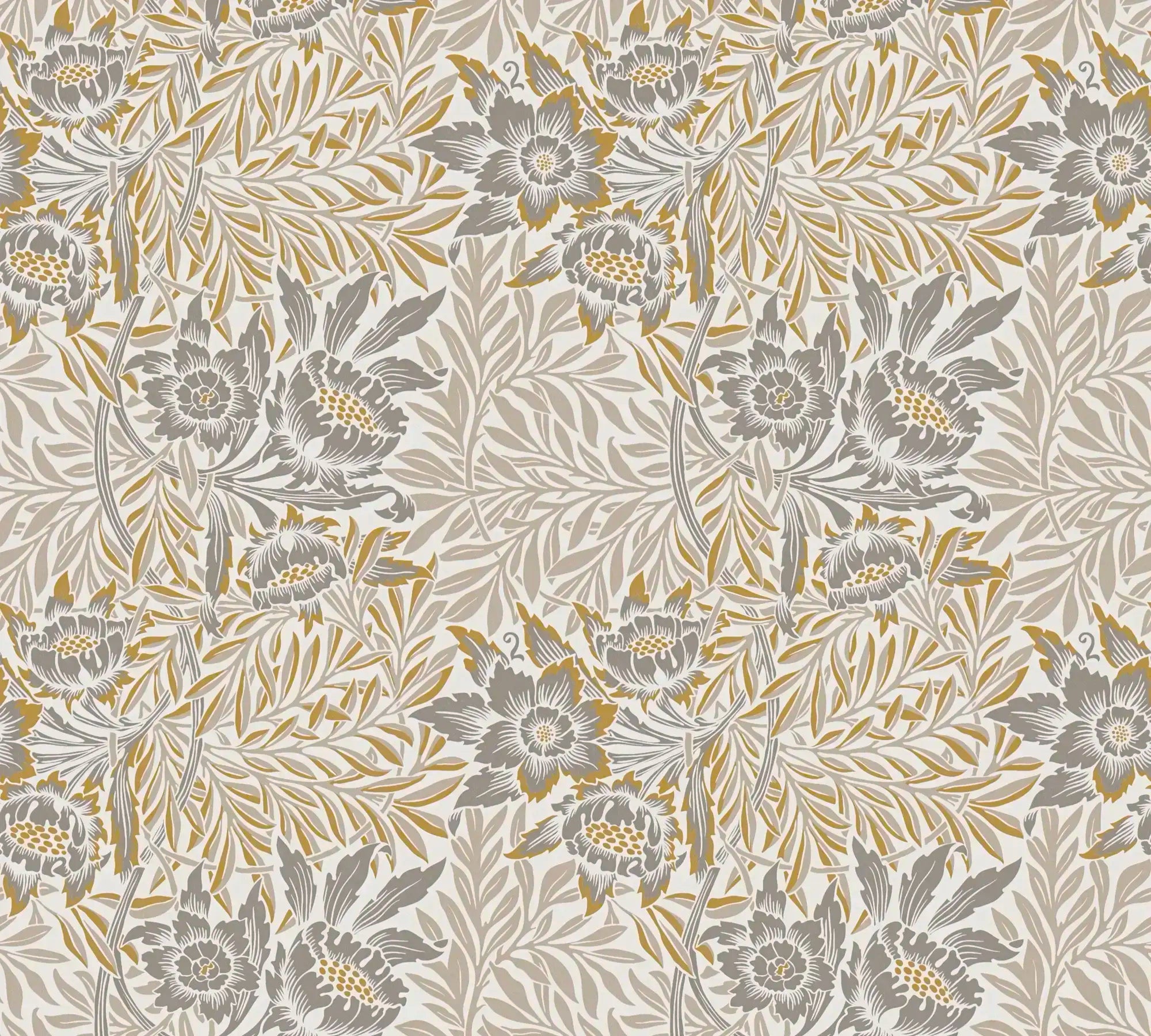 Nærbillede af tapetet Adam's Delight - Silver med detaljeret blomster- og bladdesign i sølv og guld på en lys baggrund.