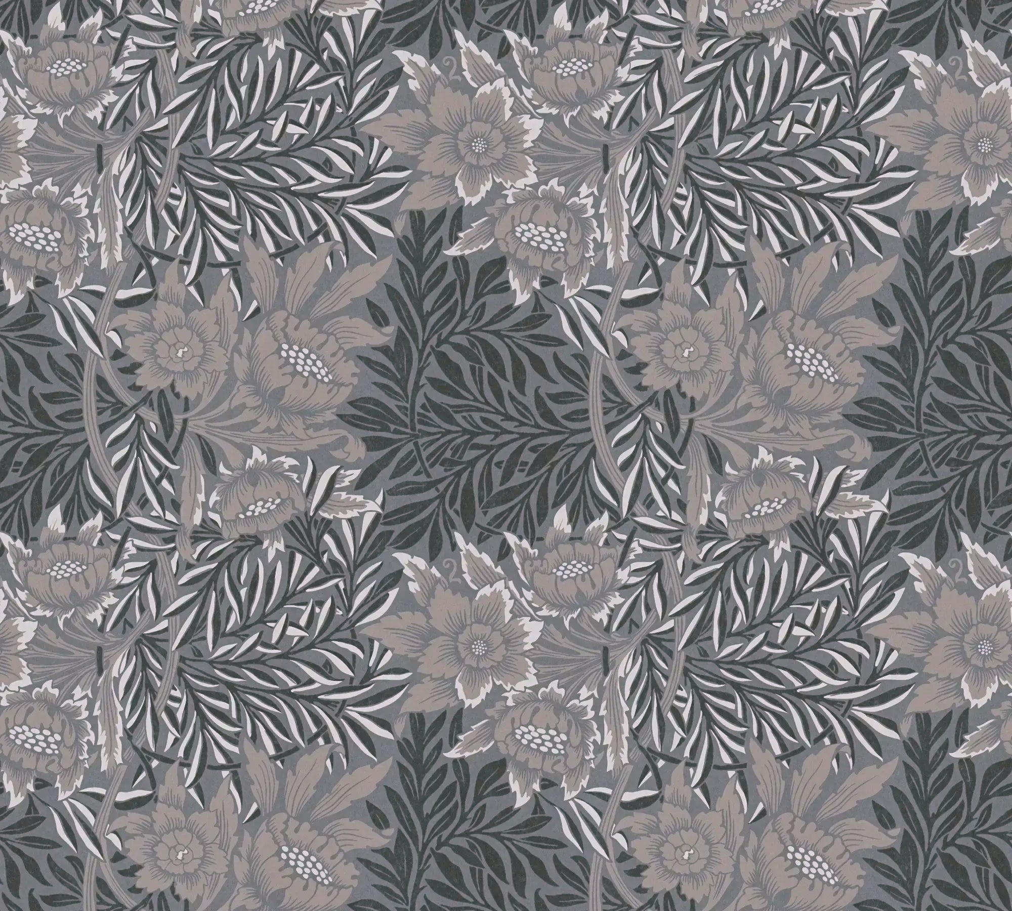 Detaljeret billede af tapetet Adam's Delight - Slate med et mønster af blomster og blade i grå nuancer.