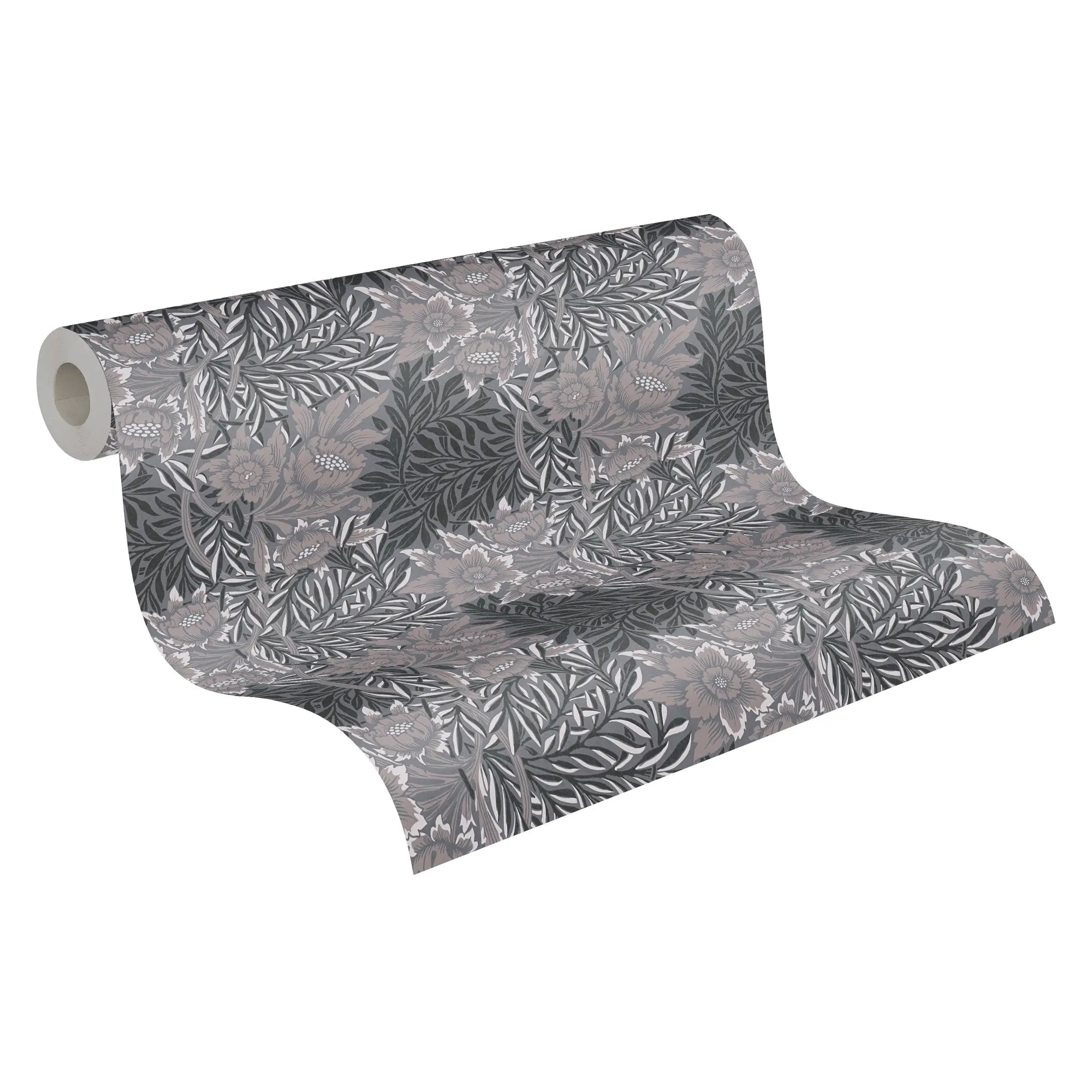 Billede af en rulle Adam's Delight - Slate tapet udfoldet for at vise blomster- og bladmønsteret.