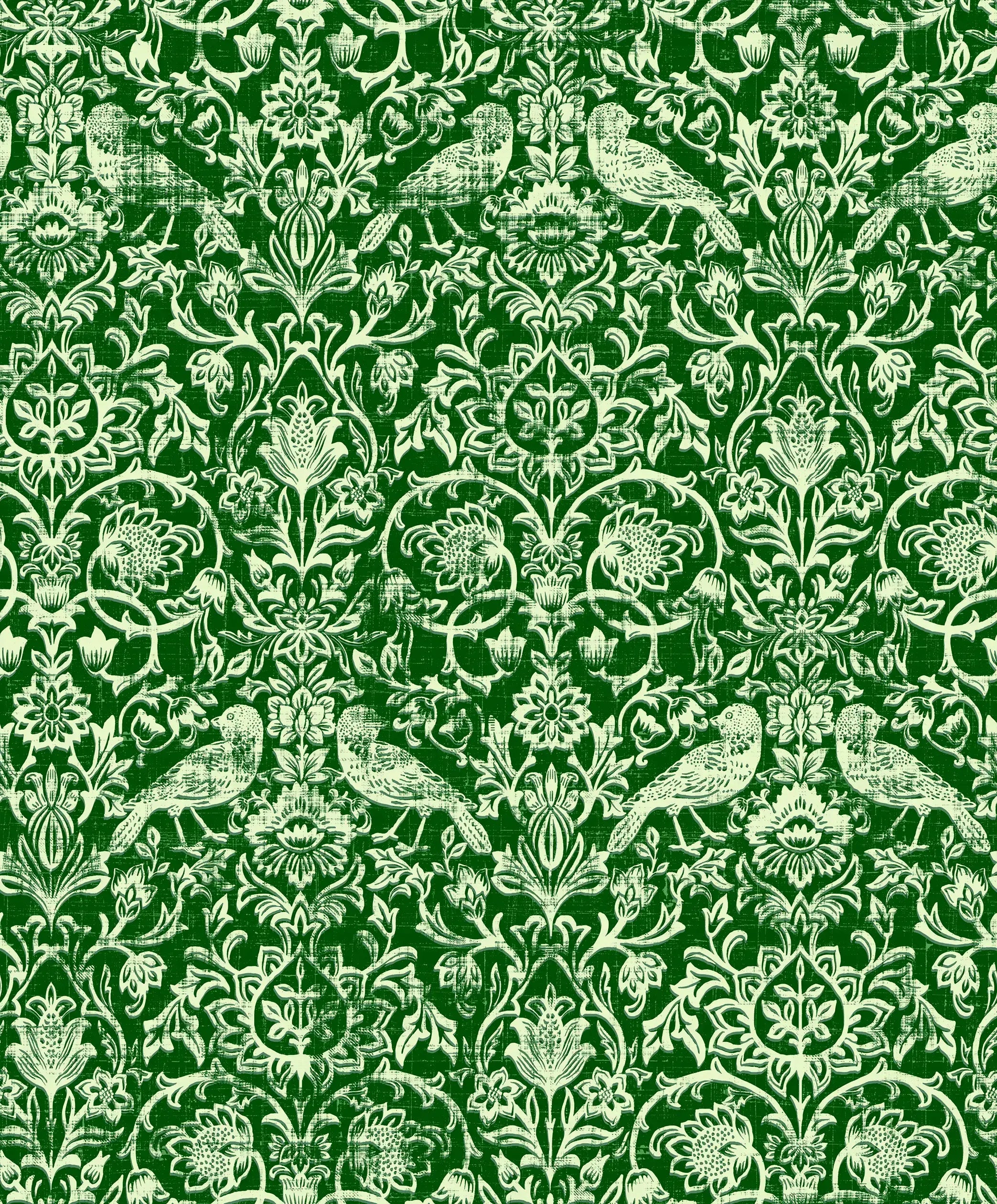Alhambra Palatial - Verdant tapet med detaljeret bladmønster og fugle i grønne nuancer.