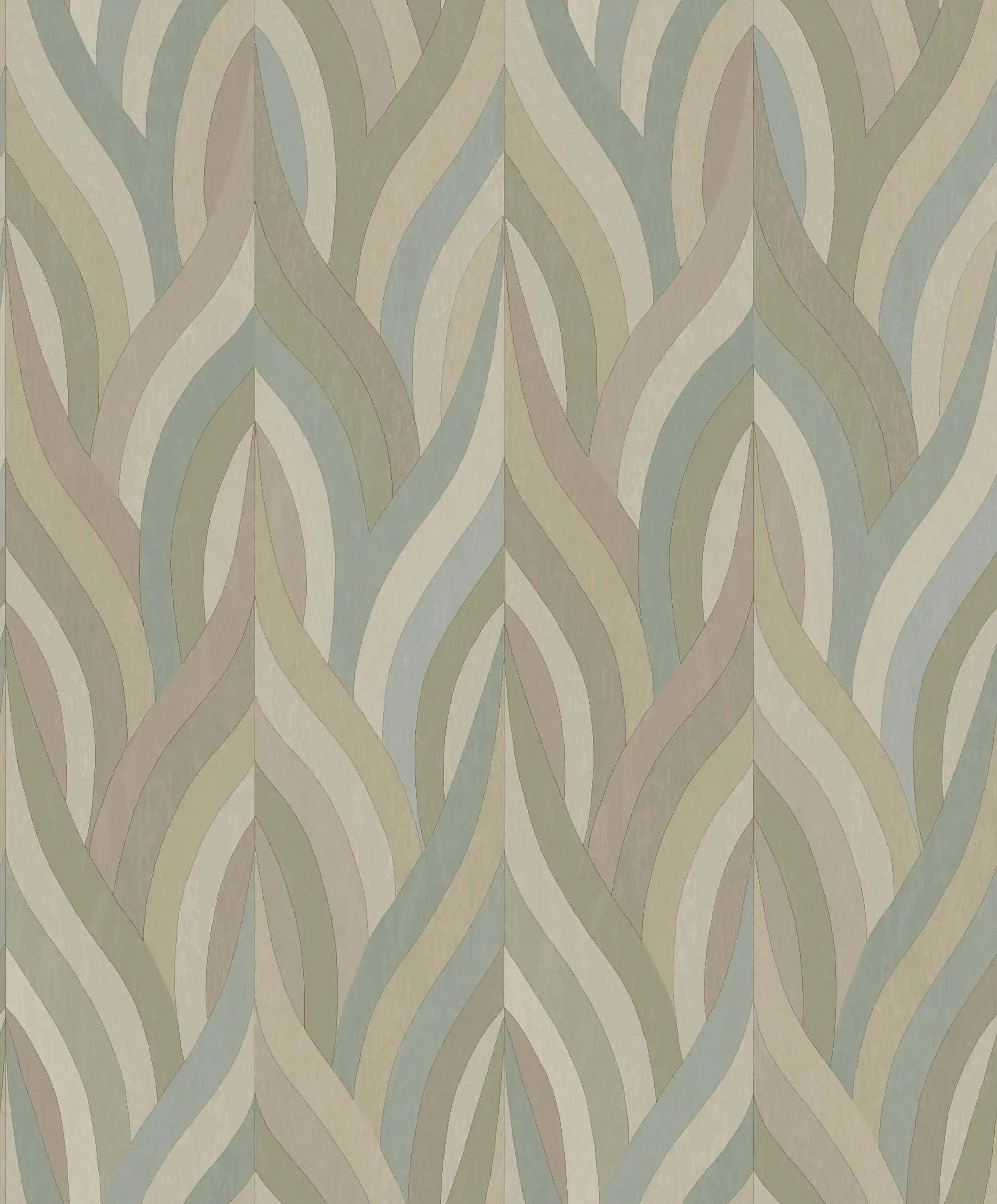 Detaljebillede af tapetmønster for Arabesque - Blush Aqua fra Nicetapet.dk med bølgende linjer i grønne, beige og blå nuancer.