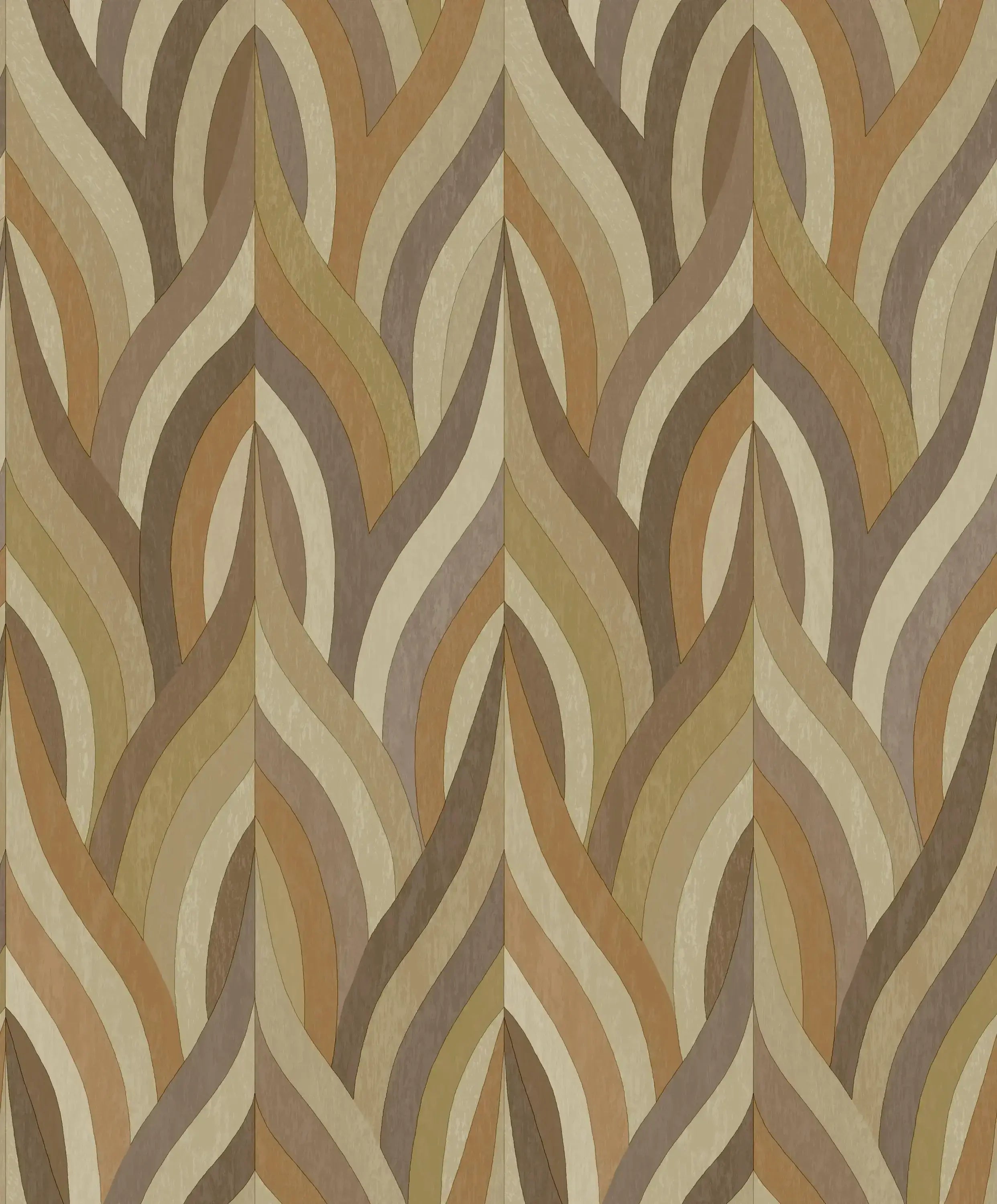 Arabesque - Orange Mocha tapet med organisk mønster i brune, beige og orange nuancer, skaber et dynamisk og elegant look.