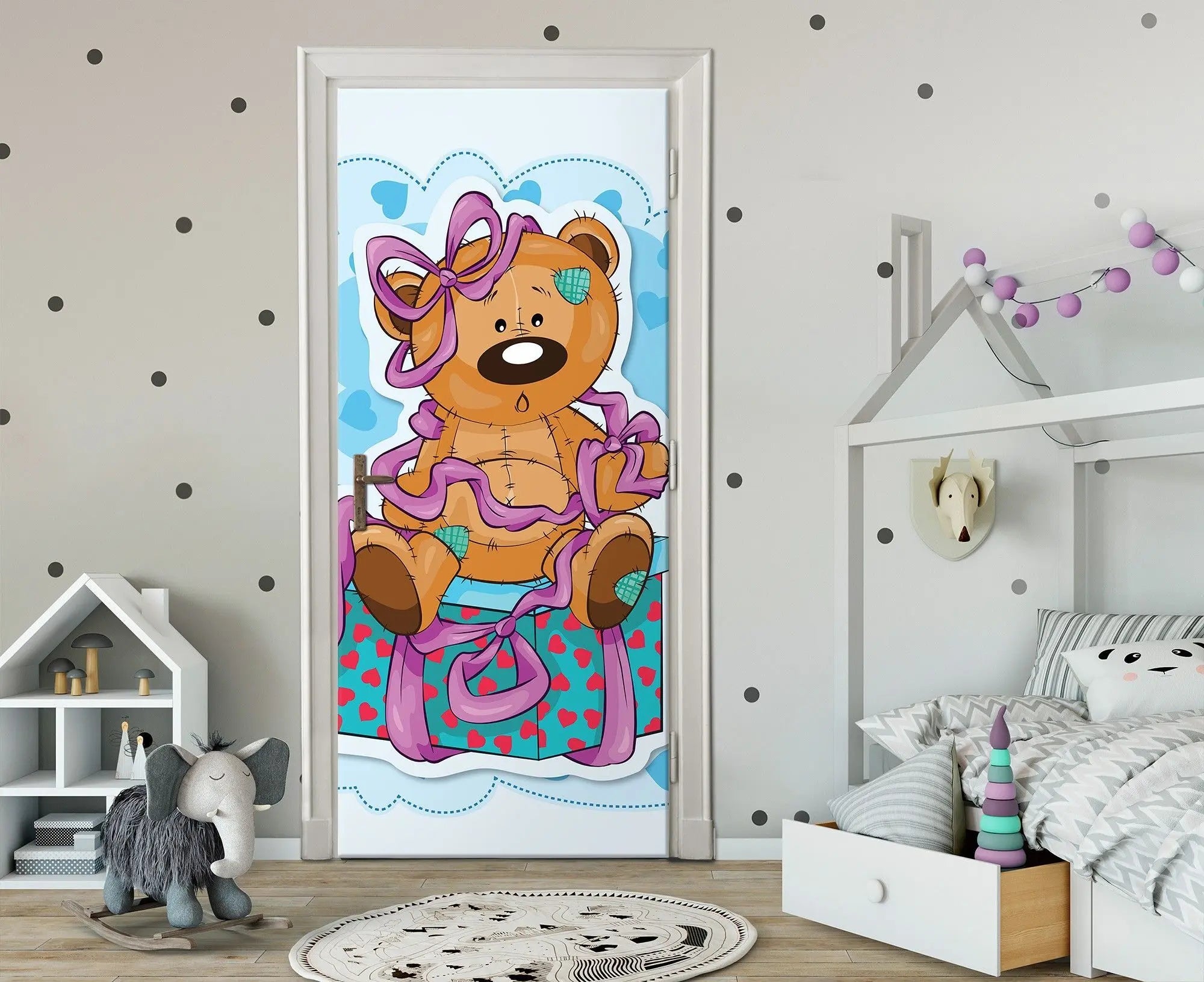 Billede 10 af Fototapet - Bamse med sløjfe og hjerter på gaveboks