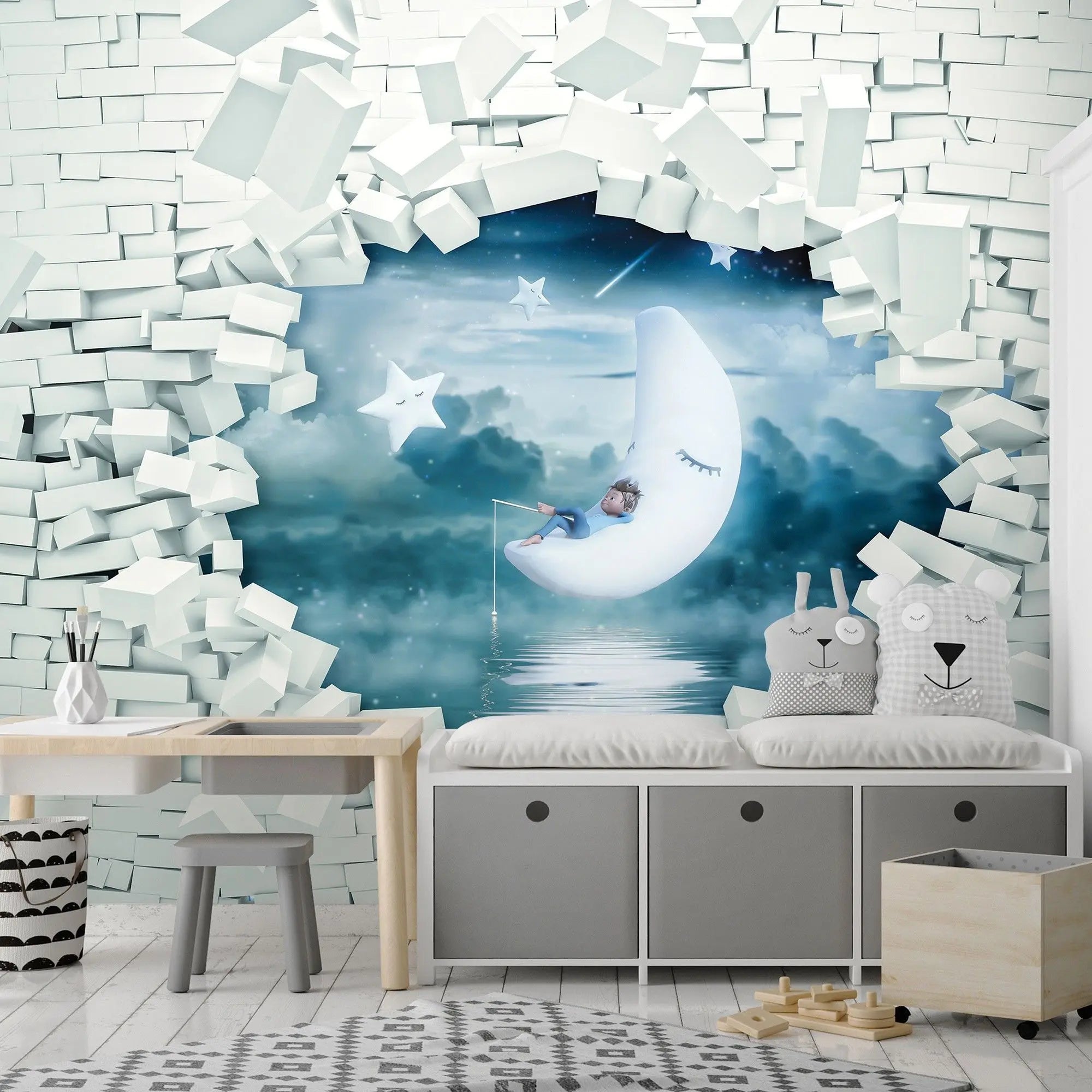 Billede 5 af Fototapet - Barn på halvmåne blandt skyer og stjerner set gennem brudt væg