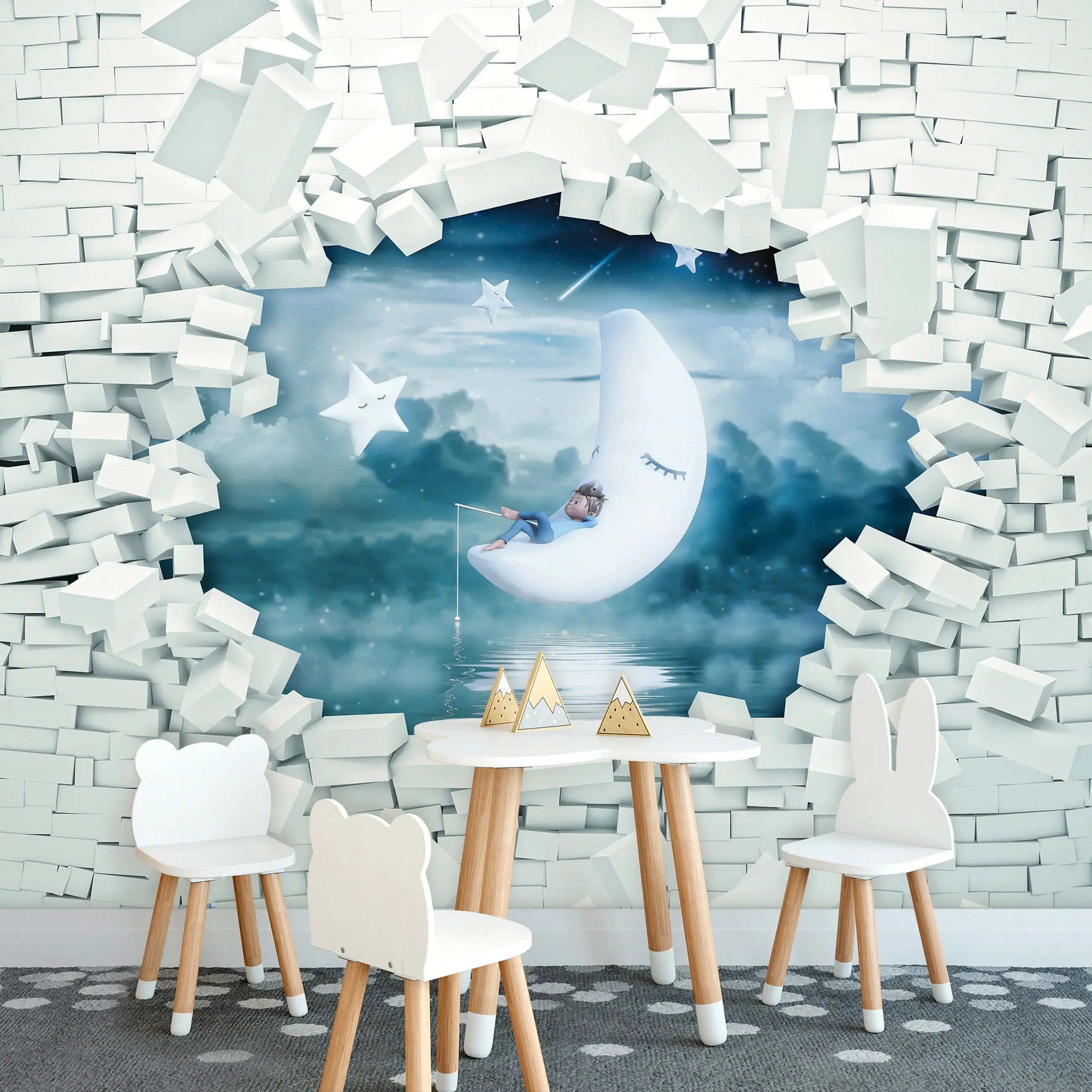 Billede 8 af Fototapet - Barn på halvmåne blandt skyer og stjerner set gennem brudt væg