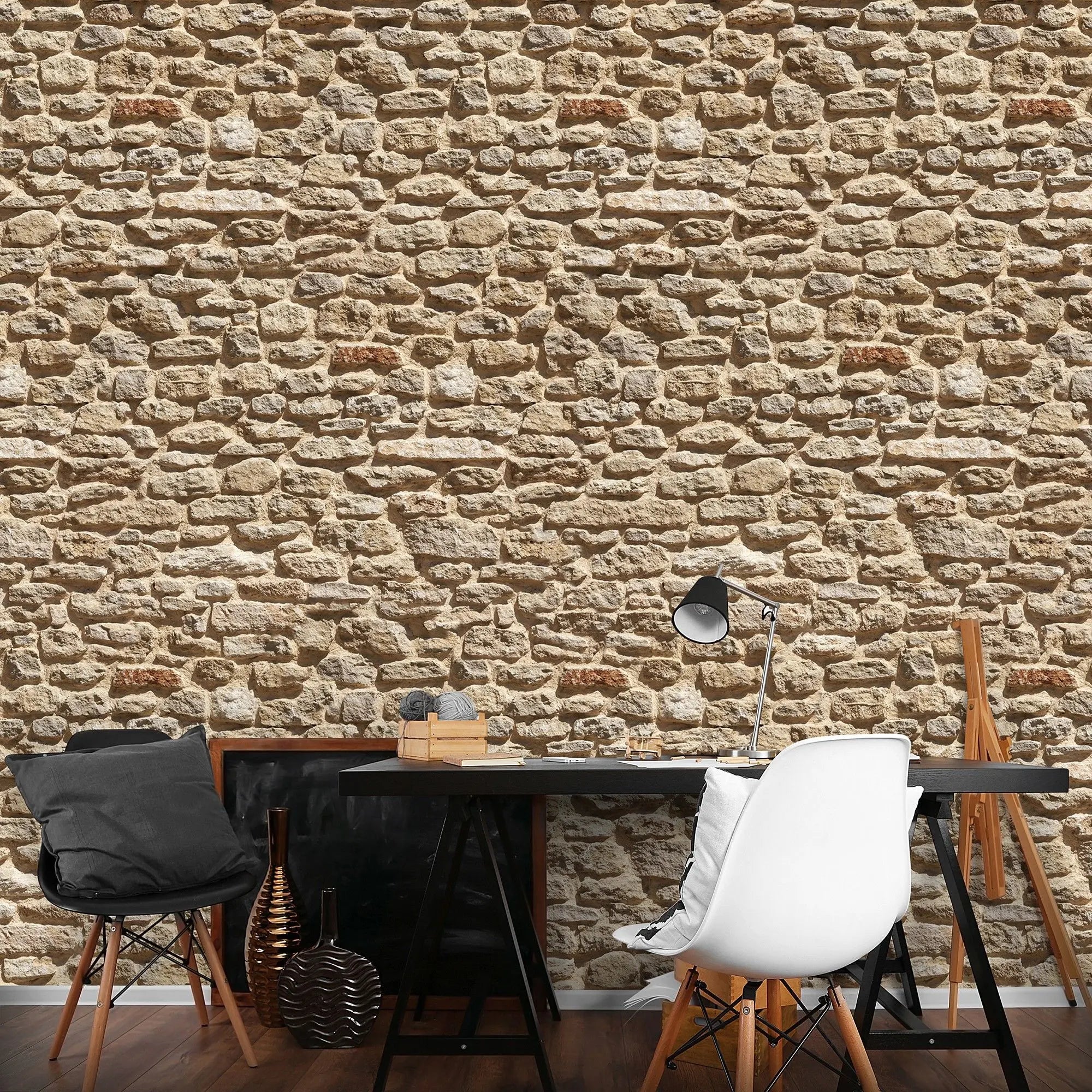 Billede 5 af Fototapet - Beige kalkstensmur med ujævn overflade