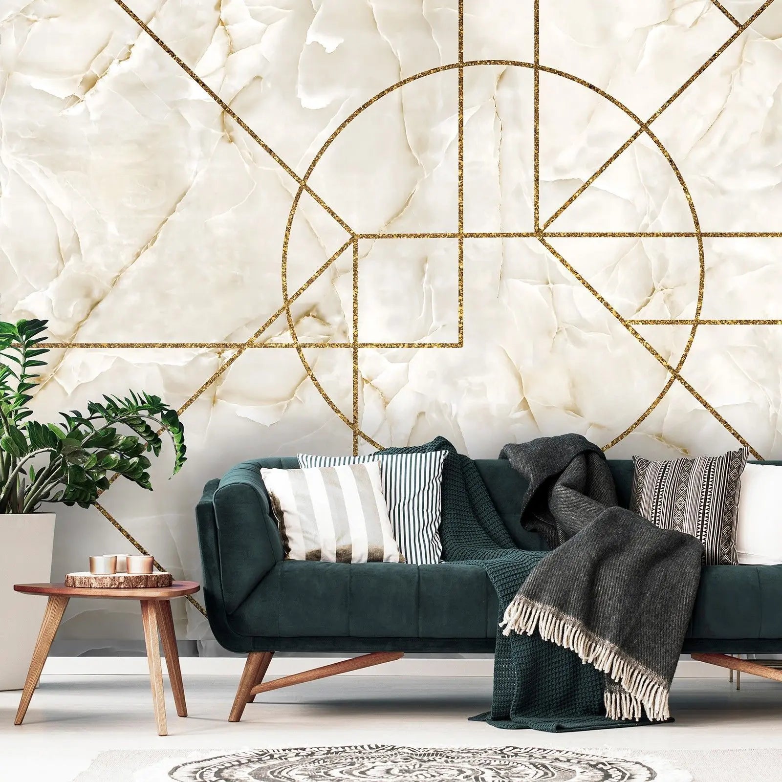 Billede 5 af Fototapet - Beige marmor med geometriske guldlinjer