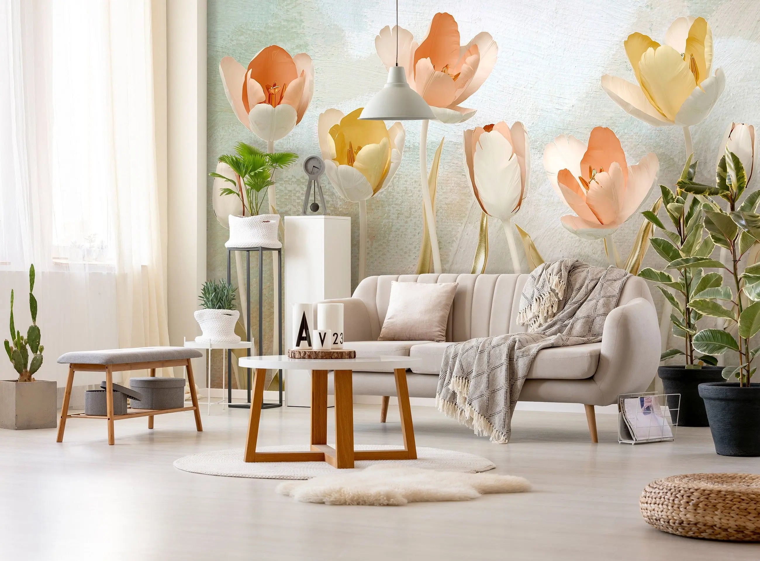 Billede 3 af Fototapet - Beige og lyserøde tulipaner mod en tekstureret baggrund