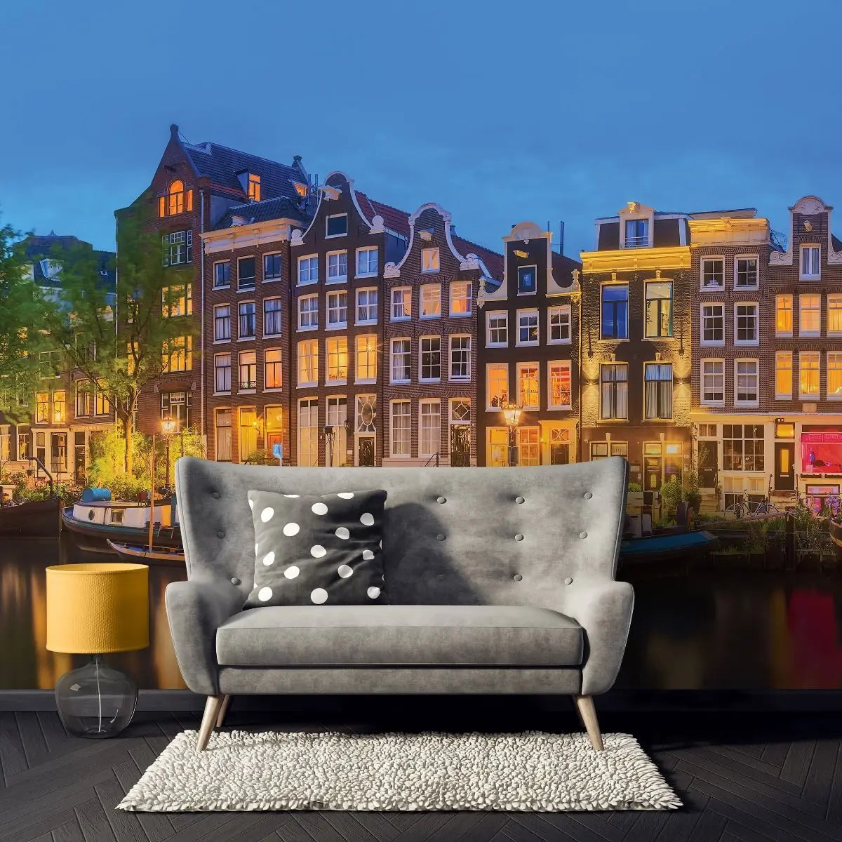 Billede 5 af Fototapet - Belyste kanalhuse og husbåde om aftenen i Amsterdam