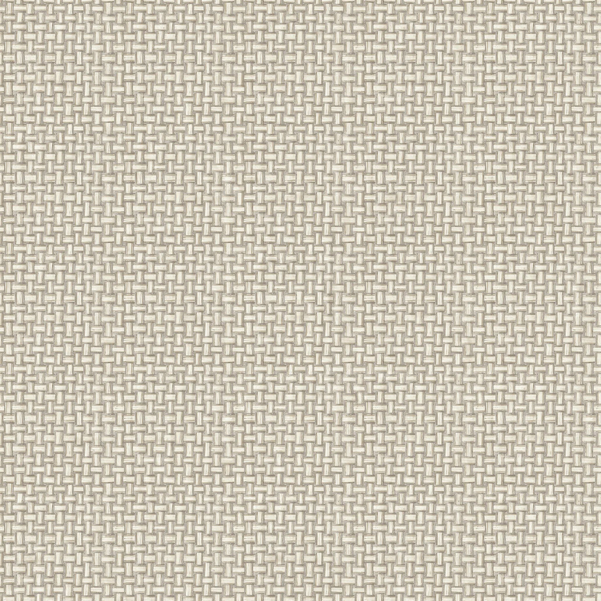 Detaljeret udsnit af Biderbost Weave - Cream tapetmønster, med en sammenflettet vævet struktur i cremefarver.