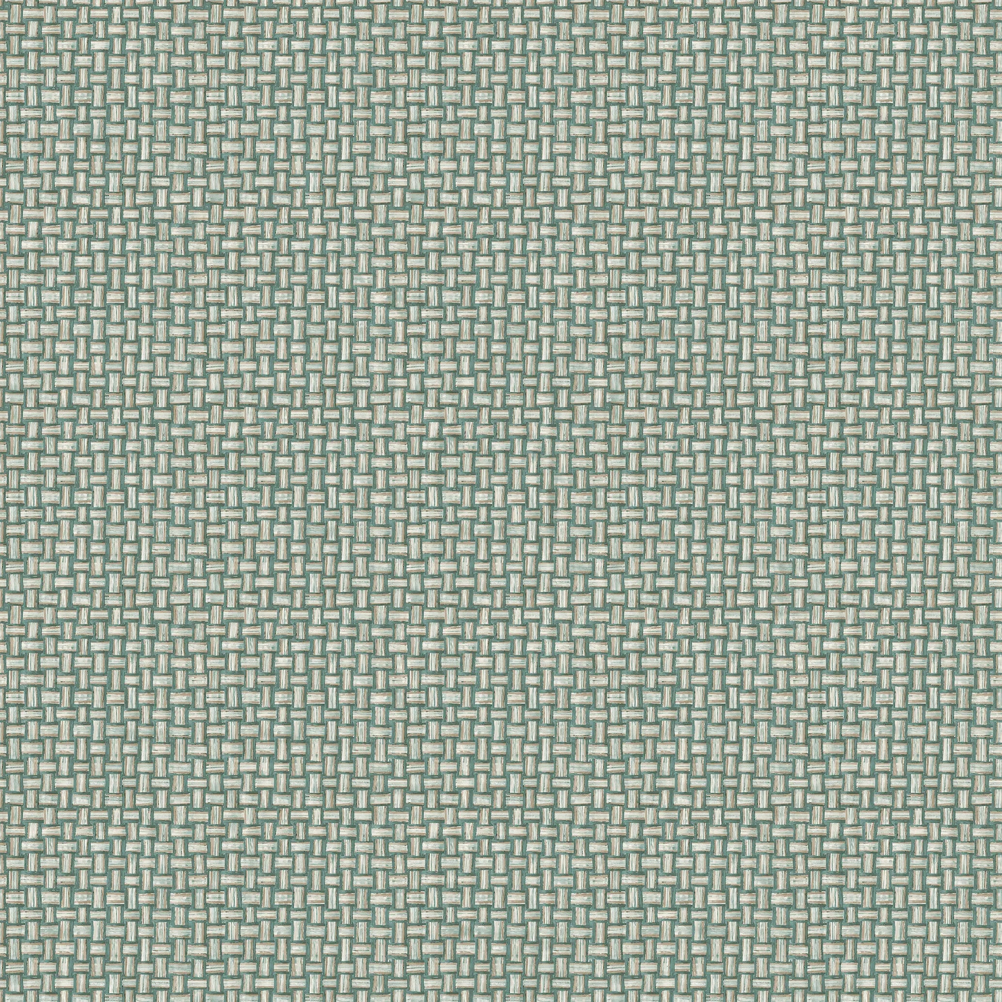 Nærbillede af Biderbost Weave - Teal tapet mønster i et vævet design med teal og beige nuancer.