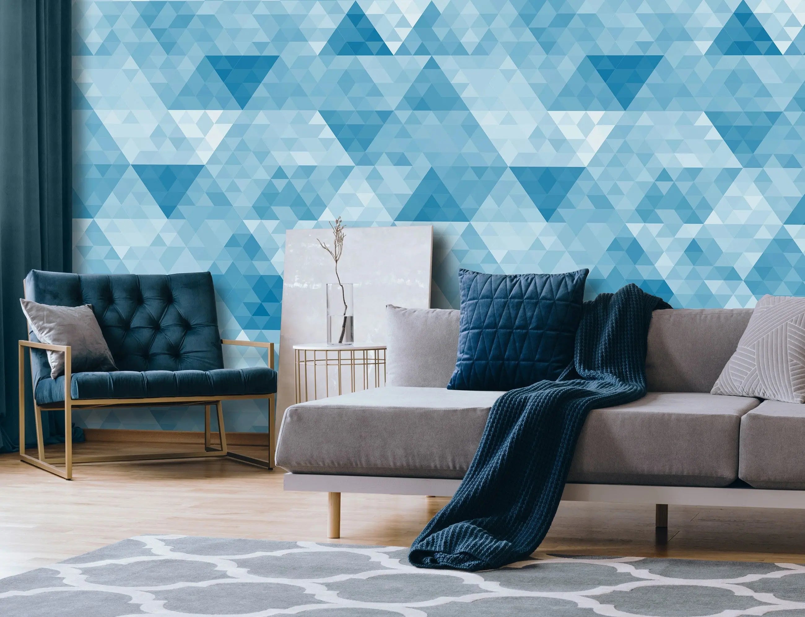 Billede 18 af Fototapet - Blå geometrisk mønster med trekanter