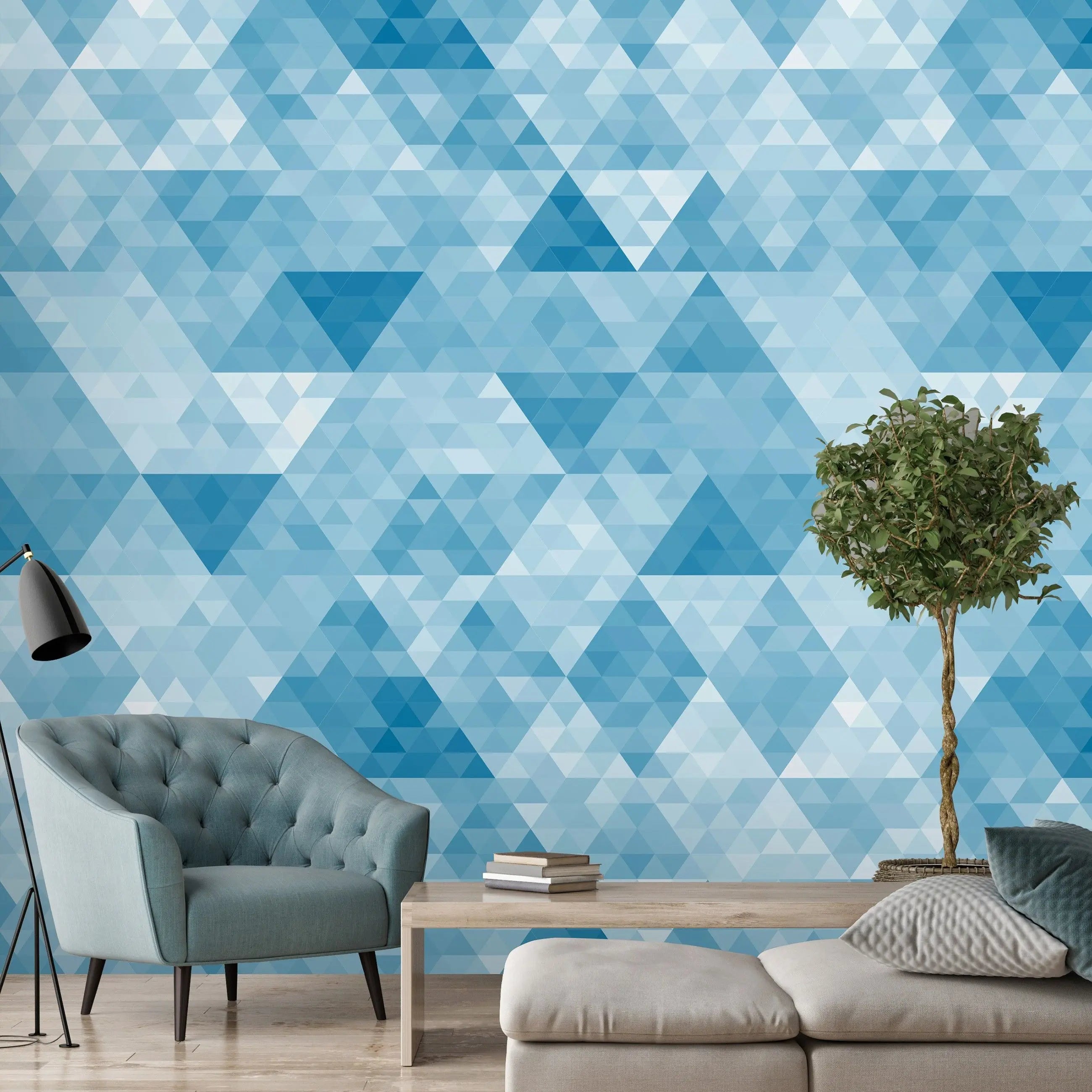 Billede 20 af Fototapet - Blå geometrisk mønster med trekanter