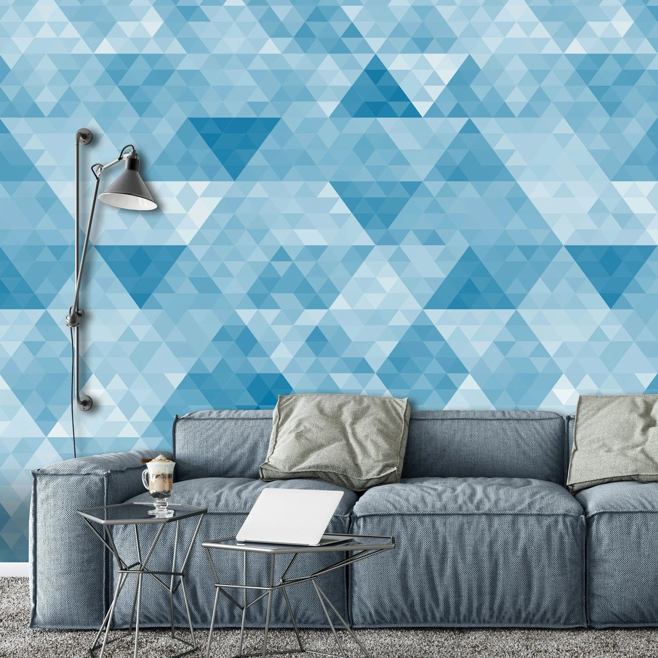 Billede 21 af Fototapet - Blå geometrisk mønster med trekanter