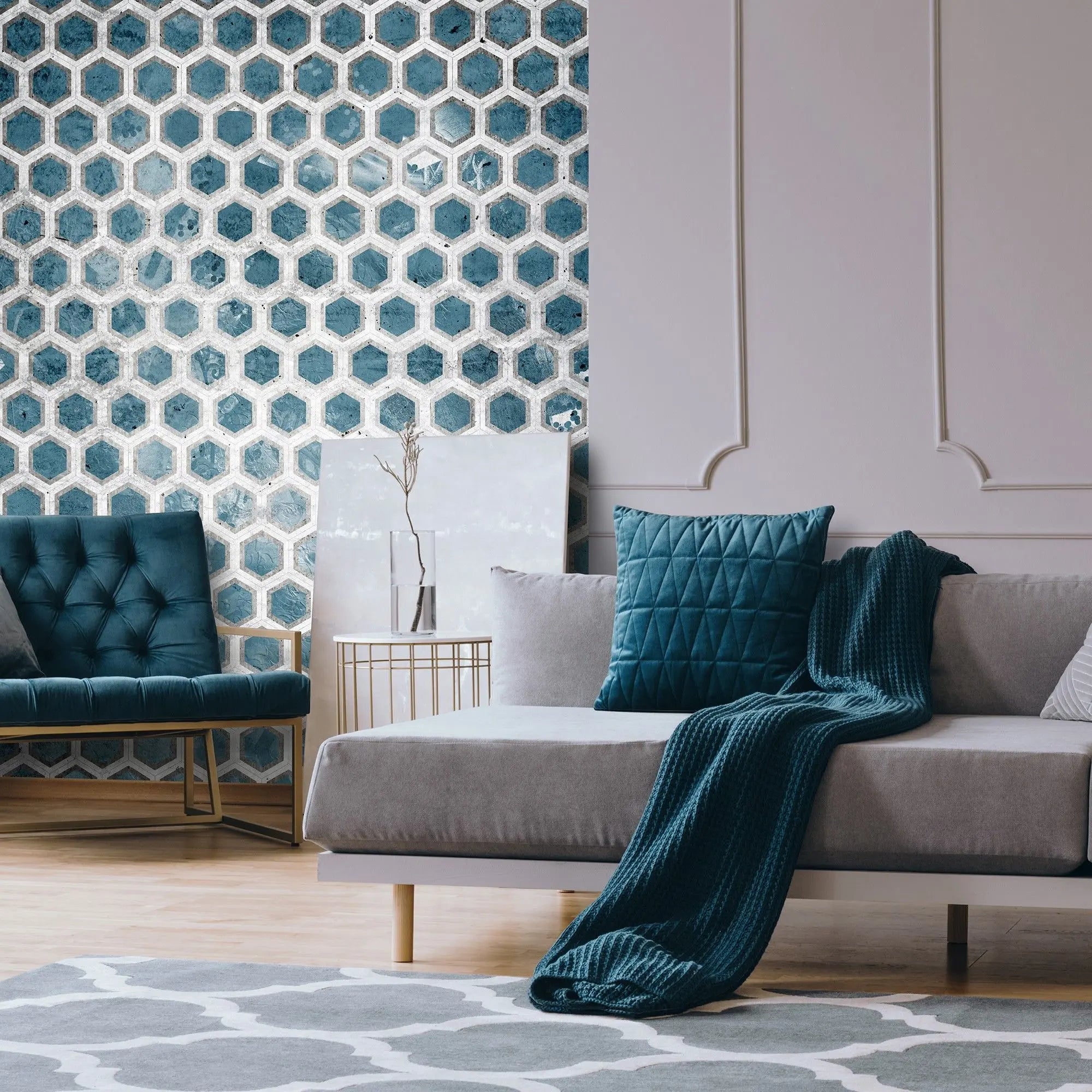 Billede 10 af Fototapet - Blå-hvide sekskantede fliser