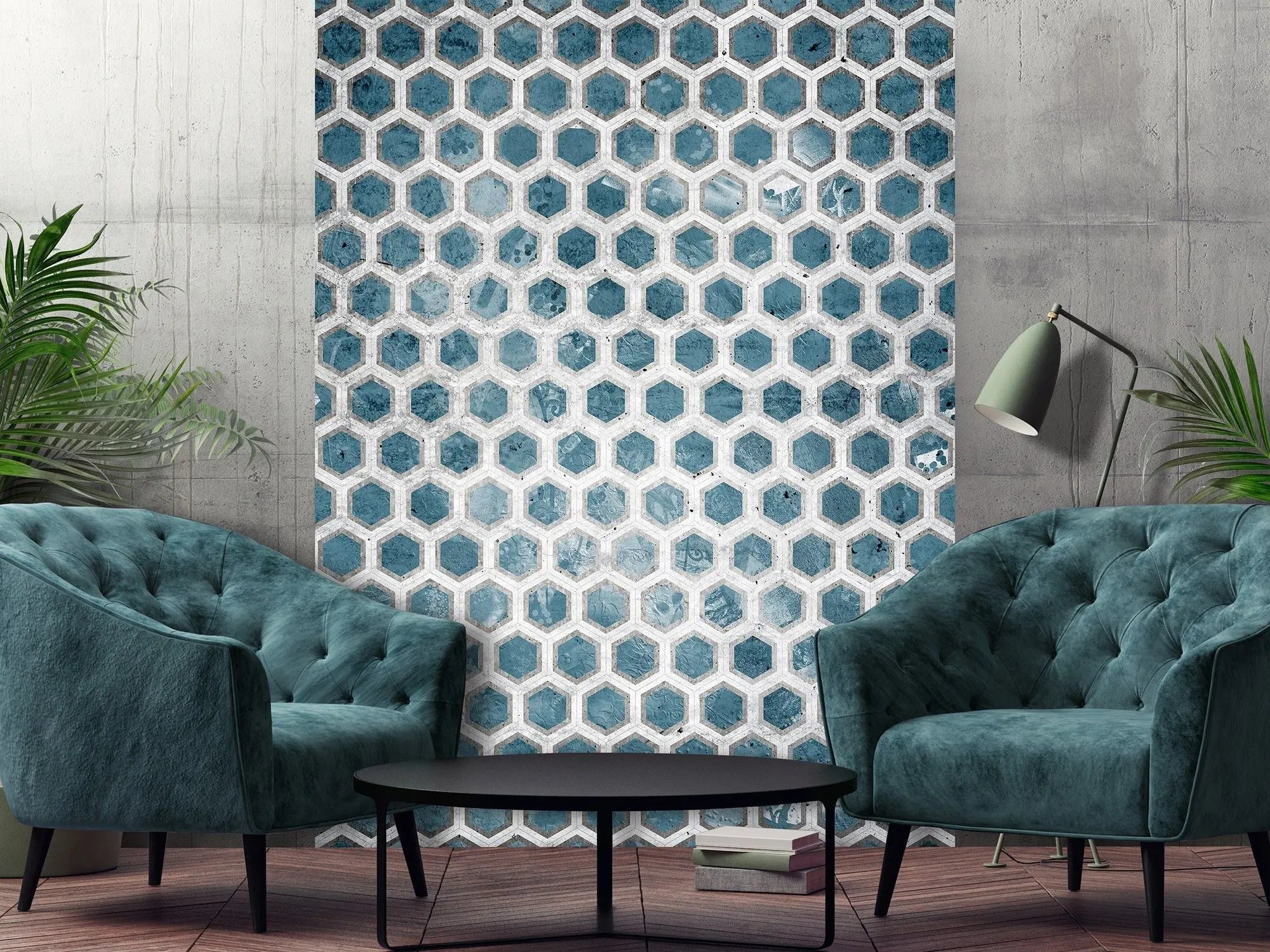 Billede 12 af Fototapet - Blå-hvide sekskantede fliser