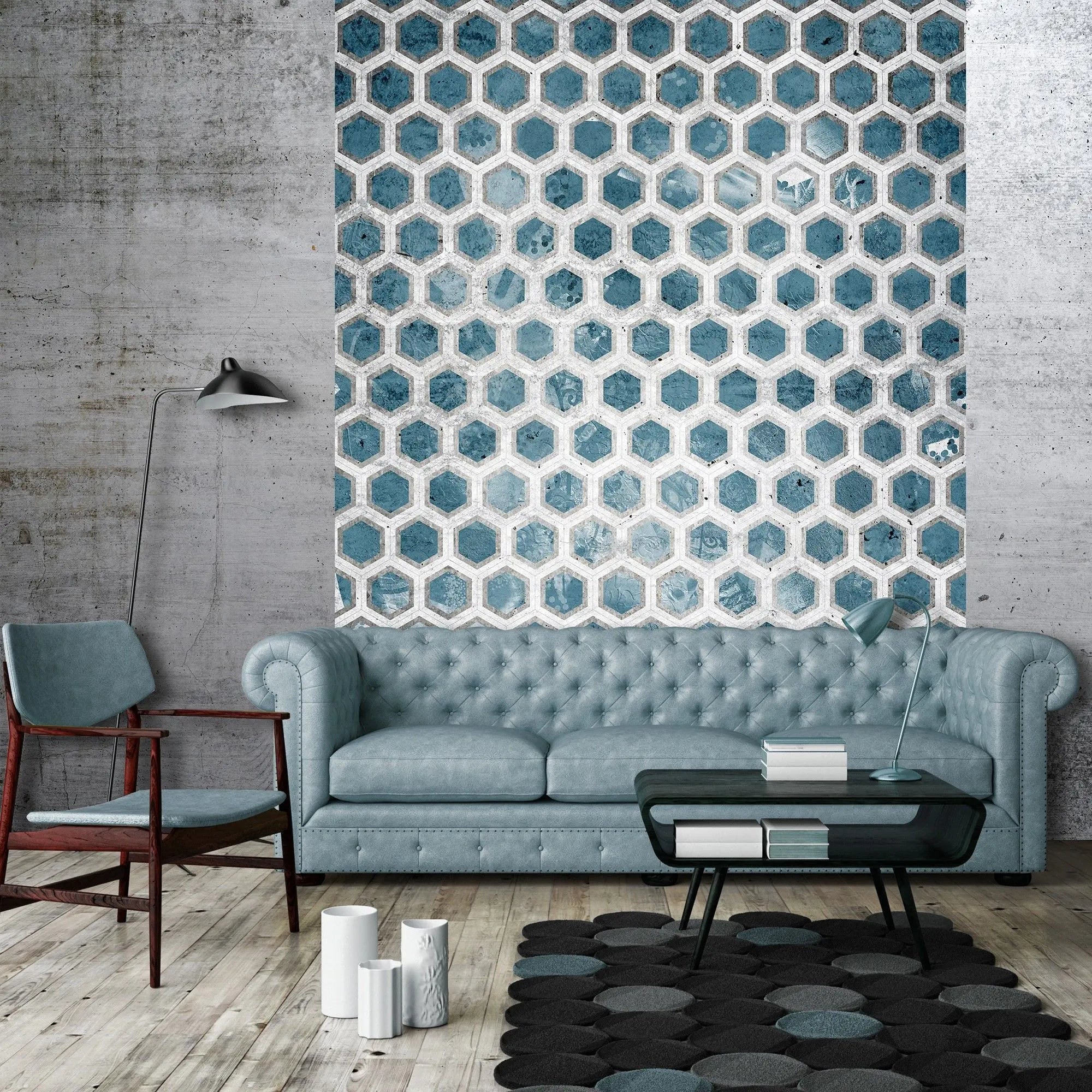 Billede 14 af Fototapet - Blå-hvide sekskantede fliser