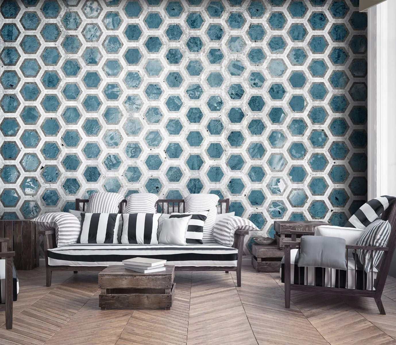 Billede 2 af Fototapet - Blå-hvide sekskantede fliser