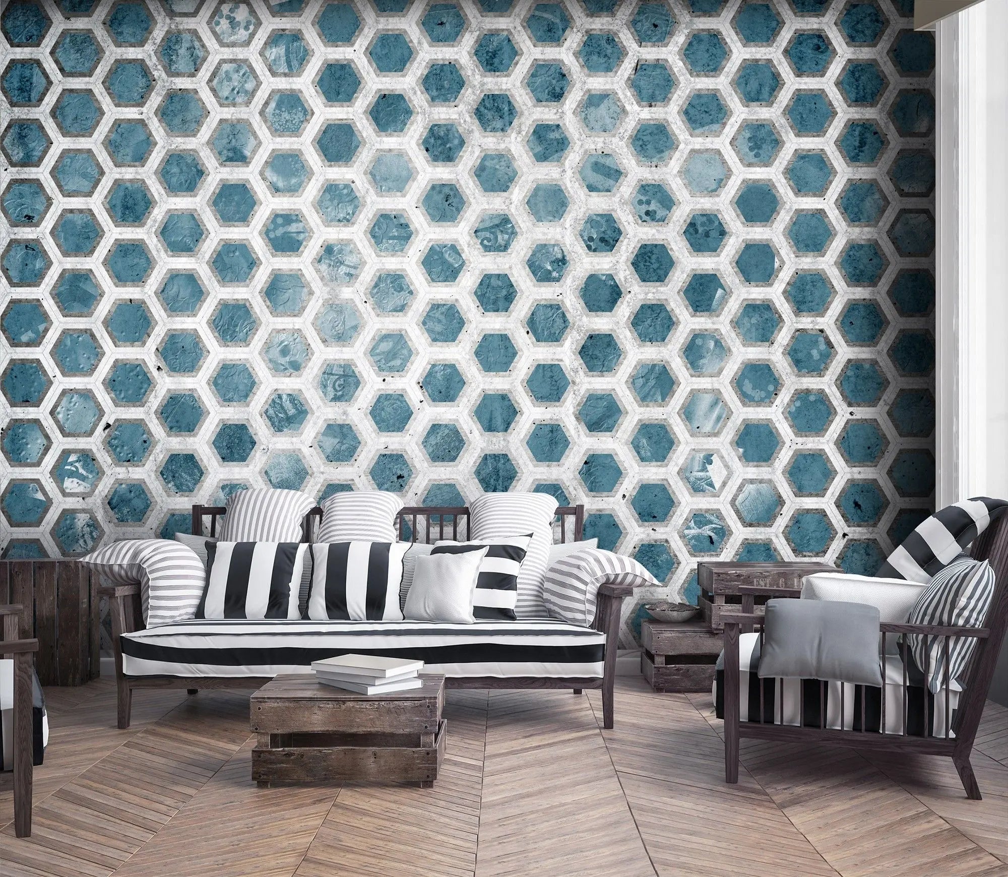 Billede 8 af Fototapet - Blå-hvide sekskantede fliser