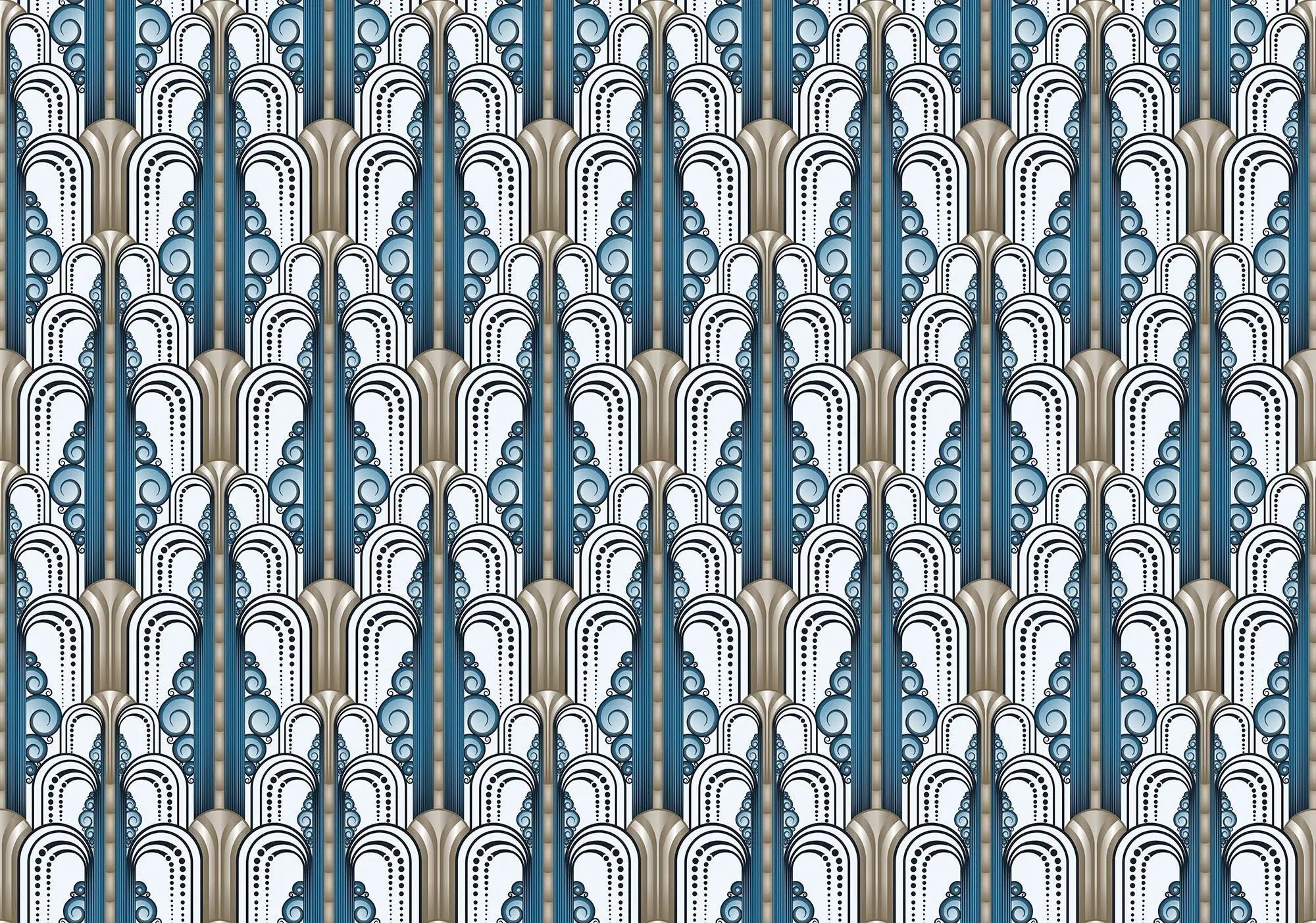 Billede 1 af Fototapet - Blå og hvide art deco-mønstre med buer og linjer