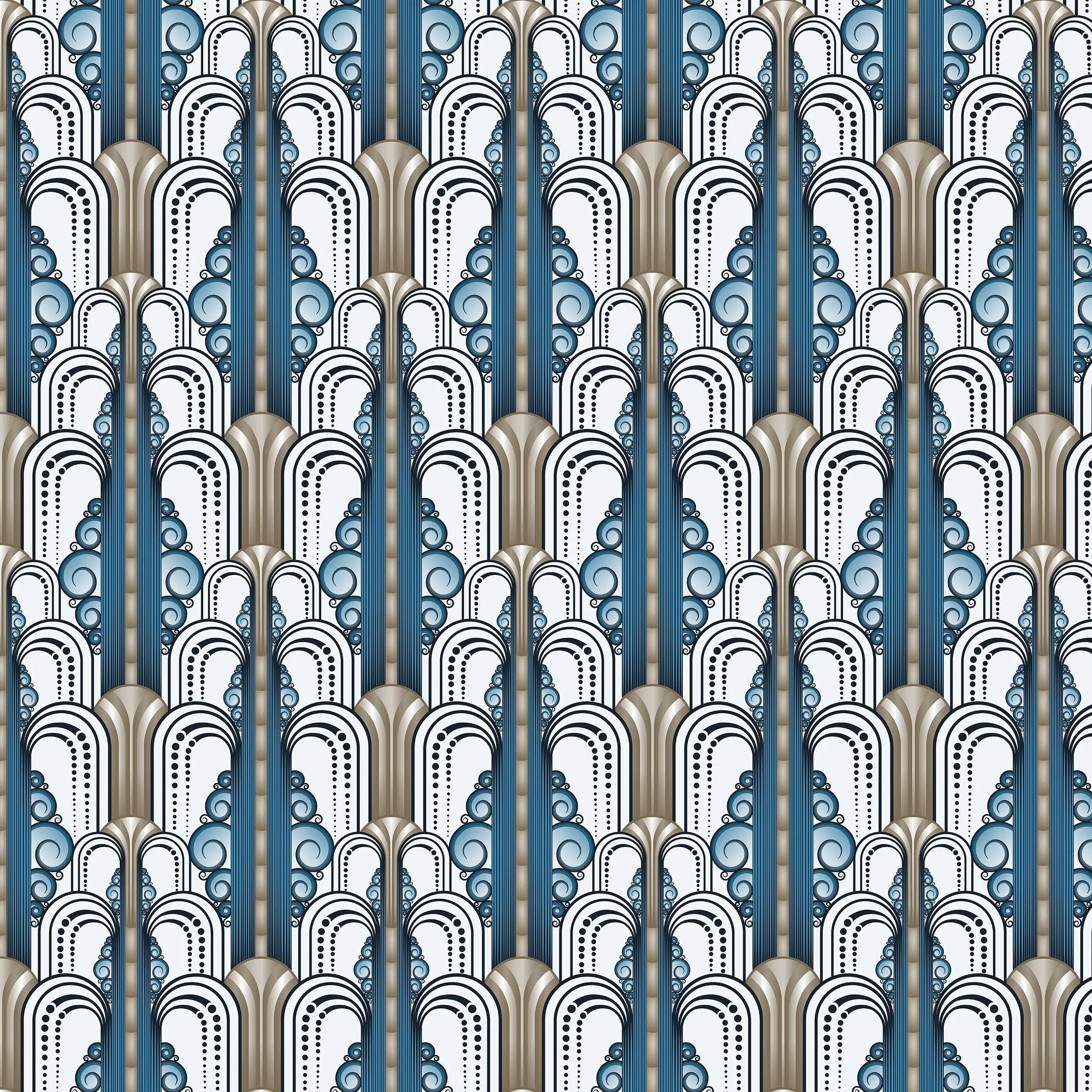 Billede 14 af Fototapet - Blå og hvide art deco-mønstre med buer og linjer