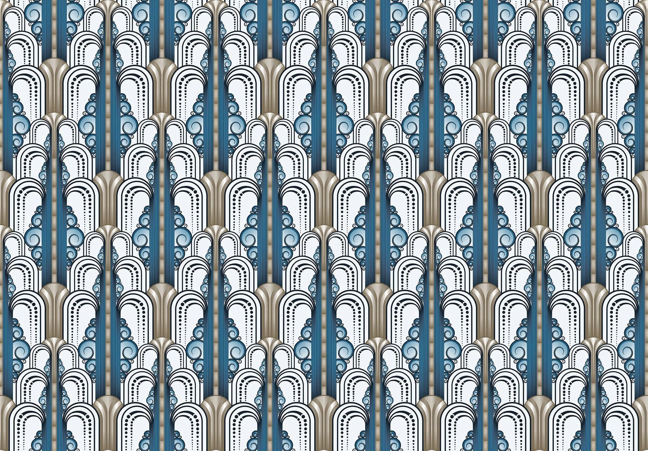 Billede 8 af Fototapet - Blå og hvide art deco-mønstre med buer og linjer