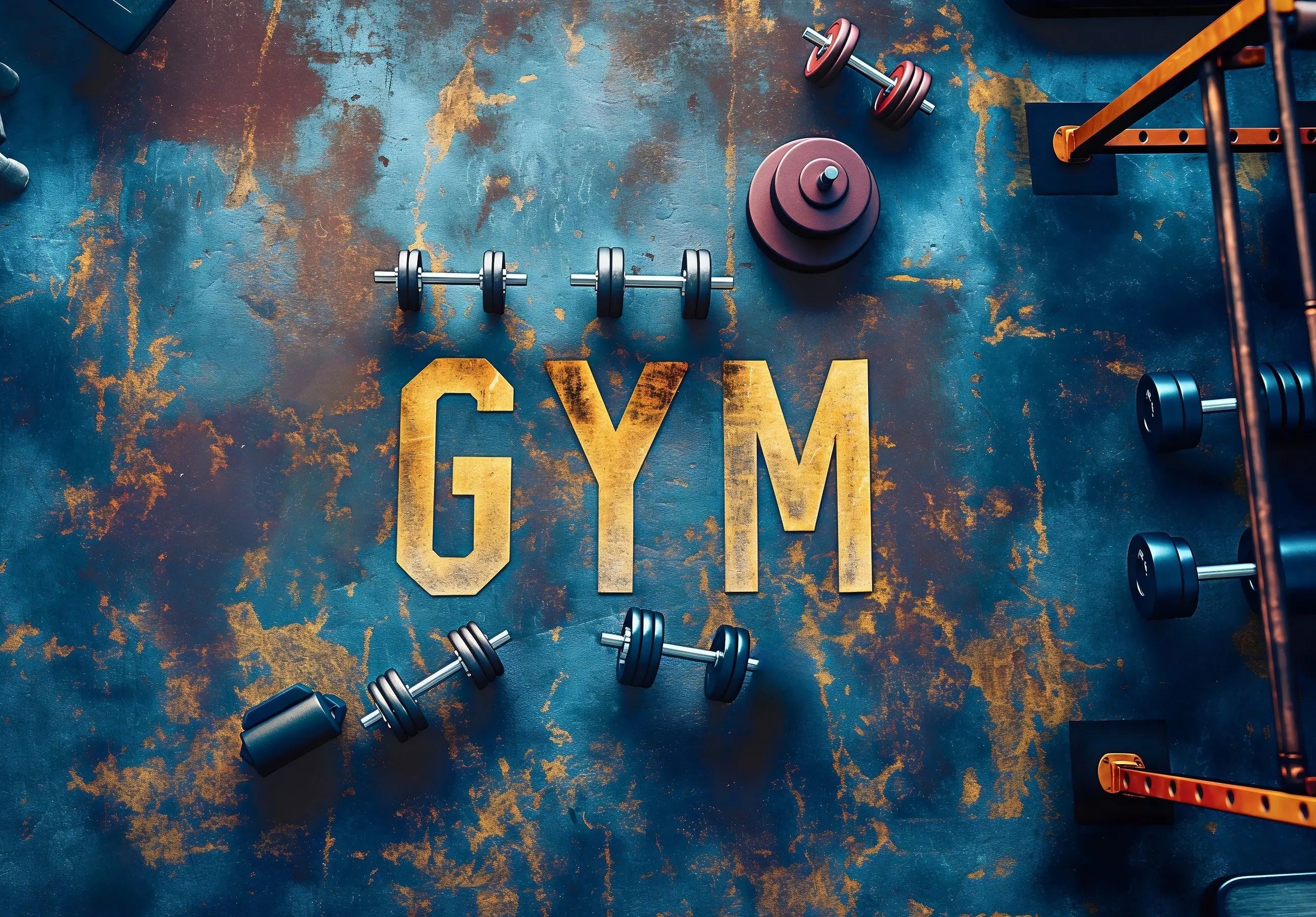Billede 1 af Fototapet - Blå rusten overflade med gule bogstaver GYM og håndvægte