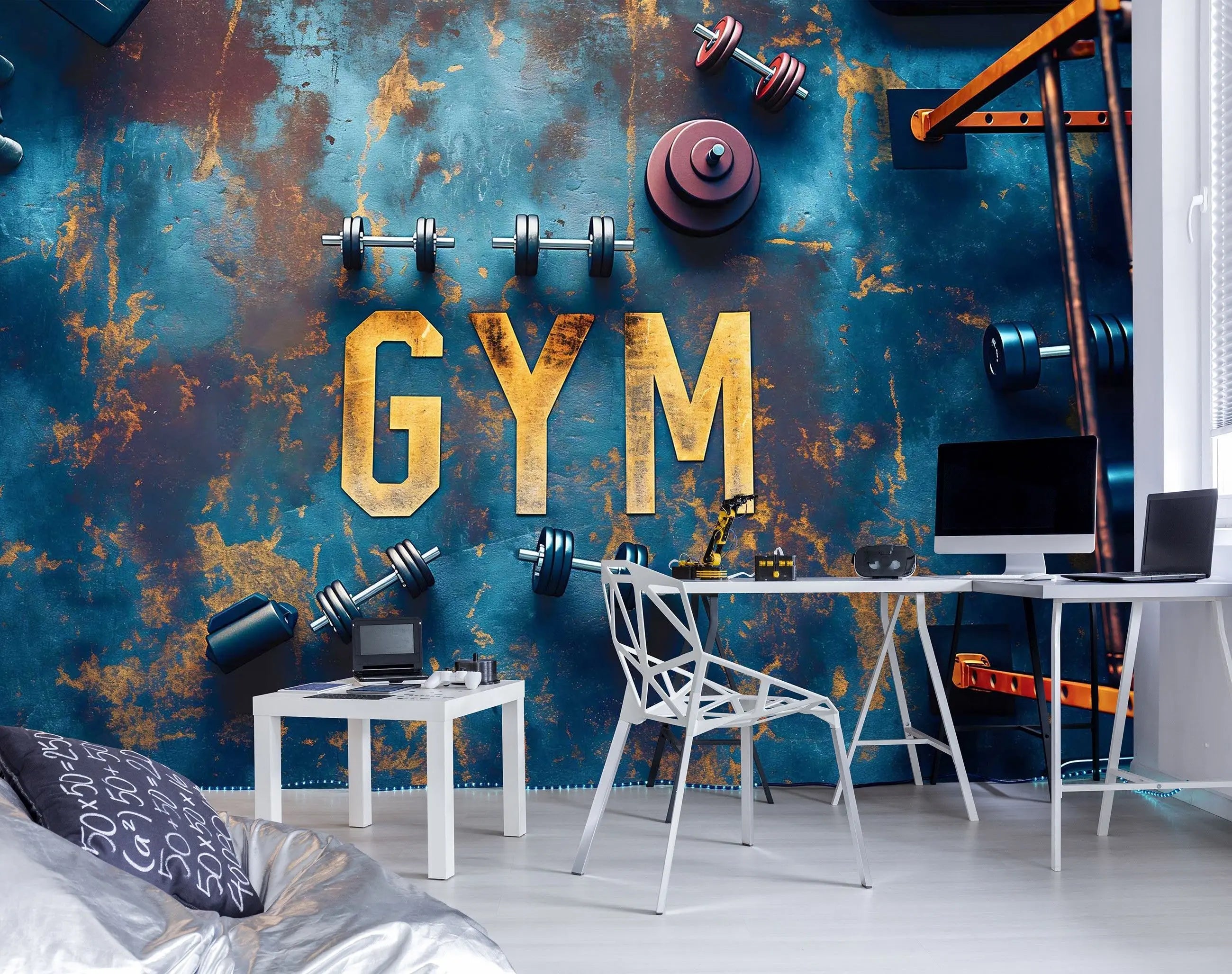 Billede 3 af Fototapet - Blå rusten overflade med gule bogstaver GYM og håndvægte