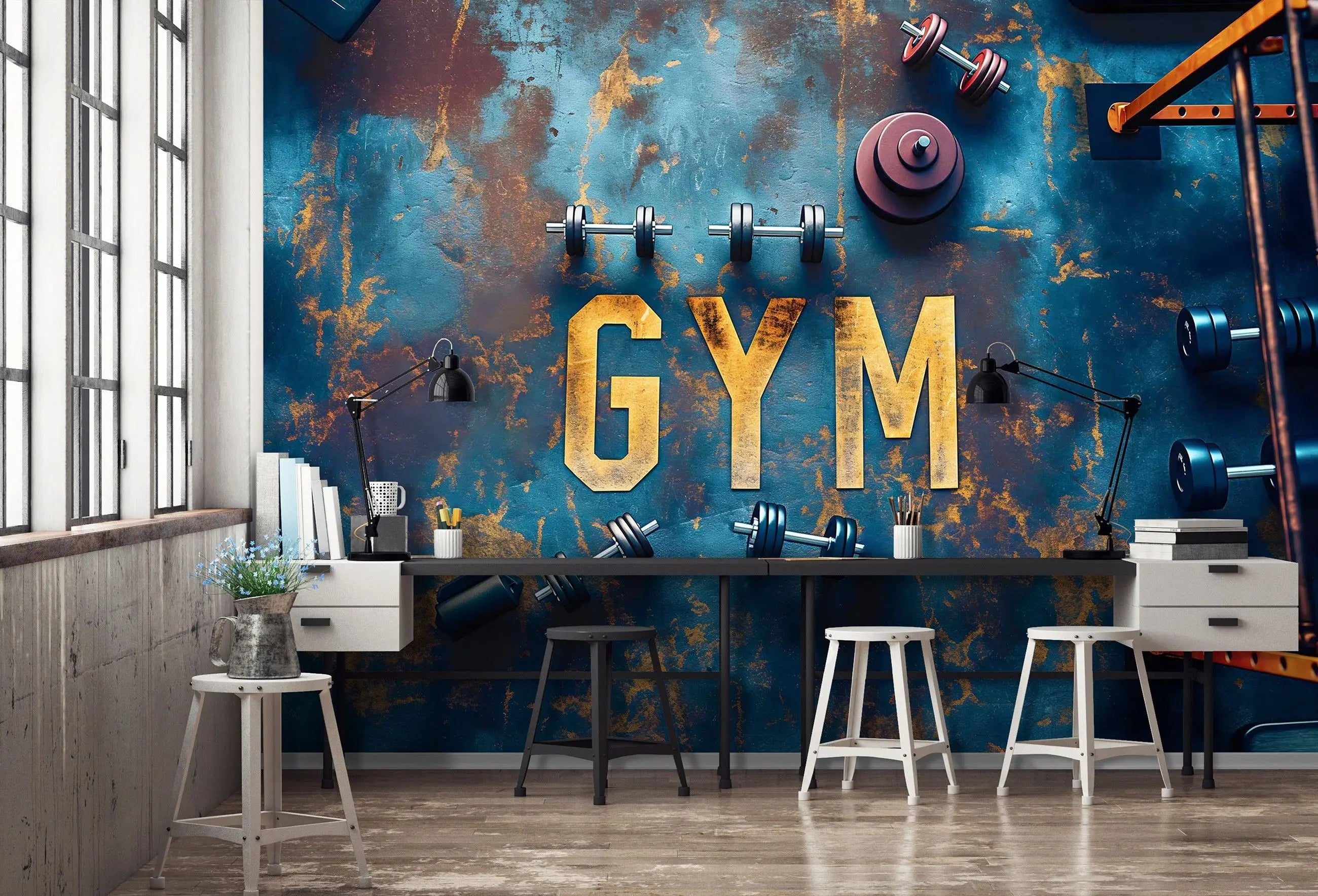 Billede 4 af Fototapet - Blå rusten overflade med gule bogstaver GYM og håndvægte