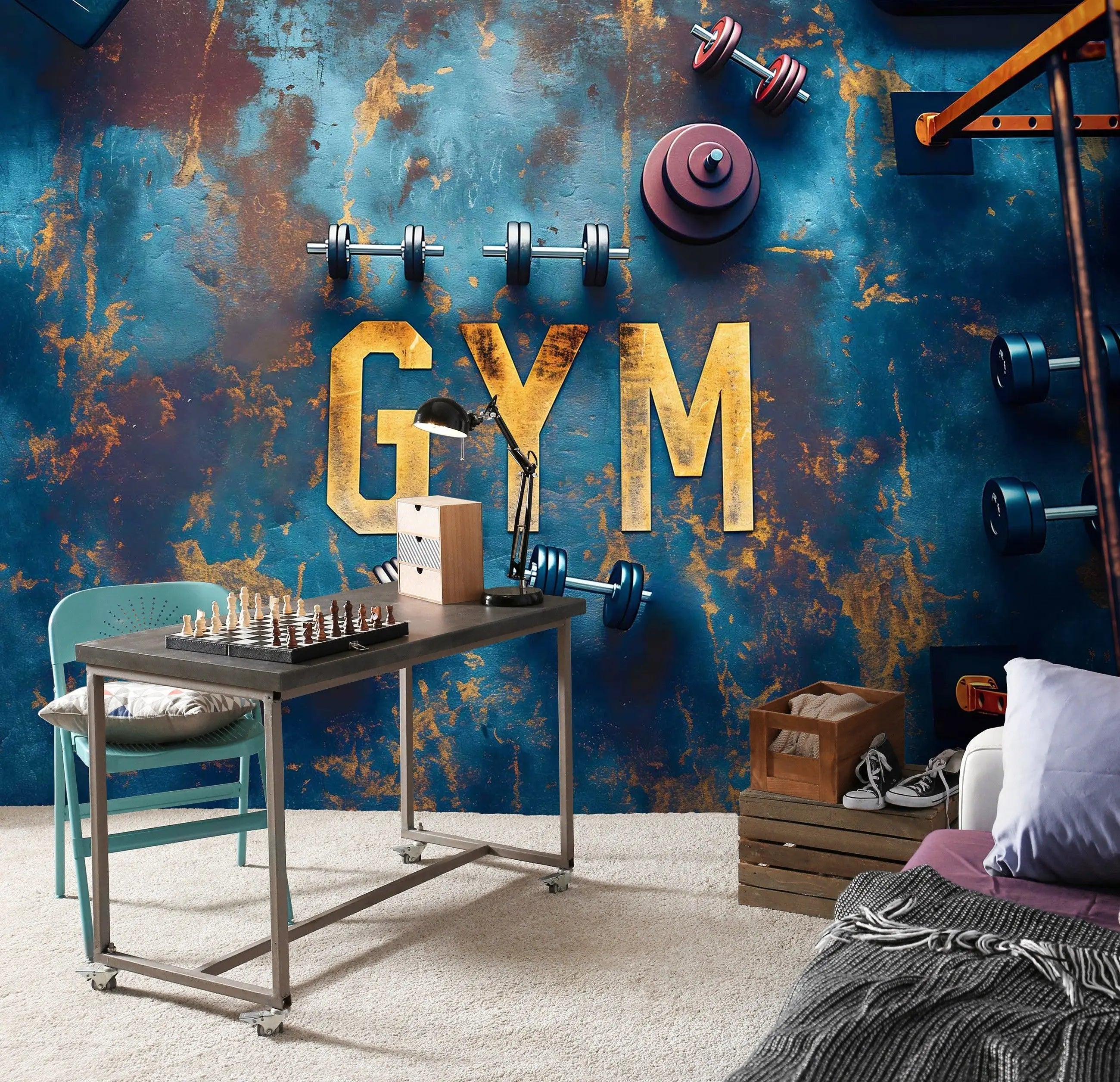 Billede 6 af Fototapet - Blå rusten overflade med gule bogstaver GYM og håndvægte