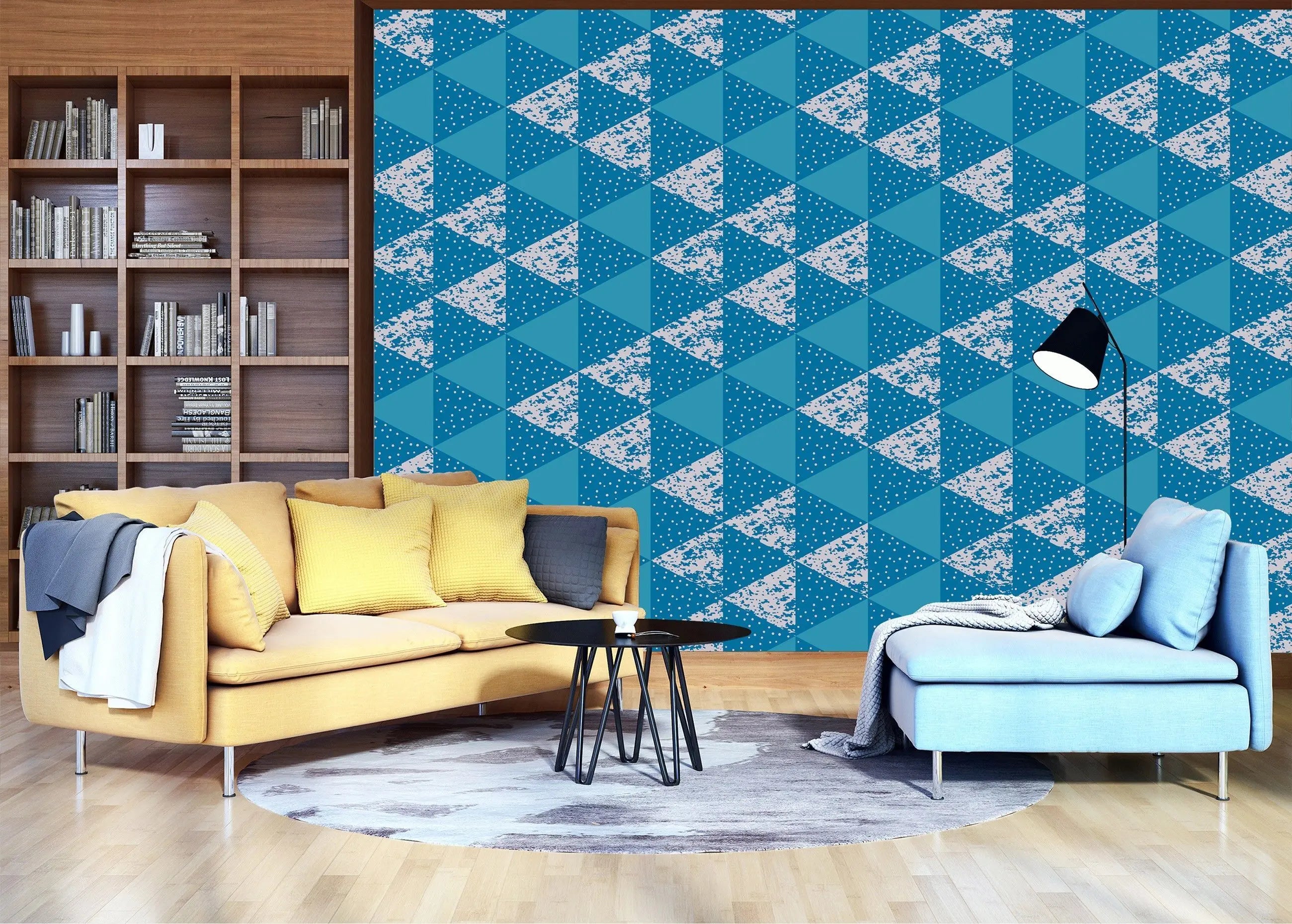 Billede 10 af Fototapet - Blå trekantet geometrisk mønster med hvid prikstruktur