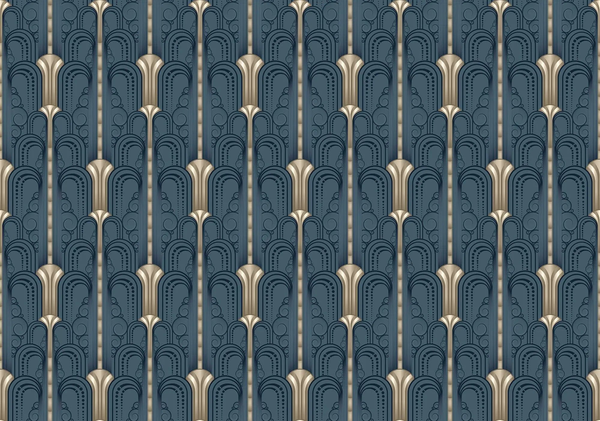 Billede 1 af Fototapet - Blåt Art Deco-mønster med gulddetaljer