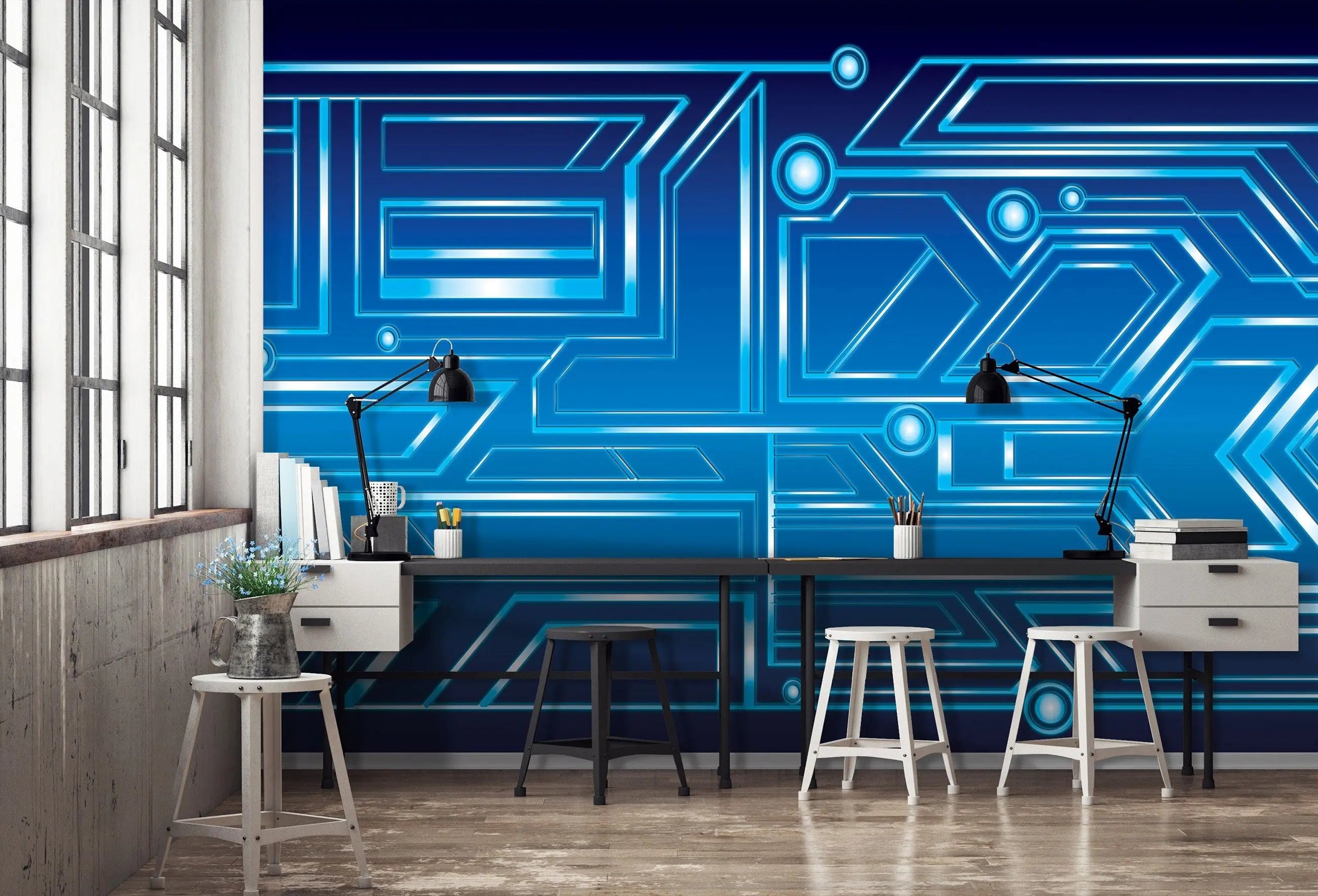 Billede 13 af Fototapet - Blåt teknologimønster med geometriske linjer
