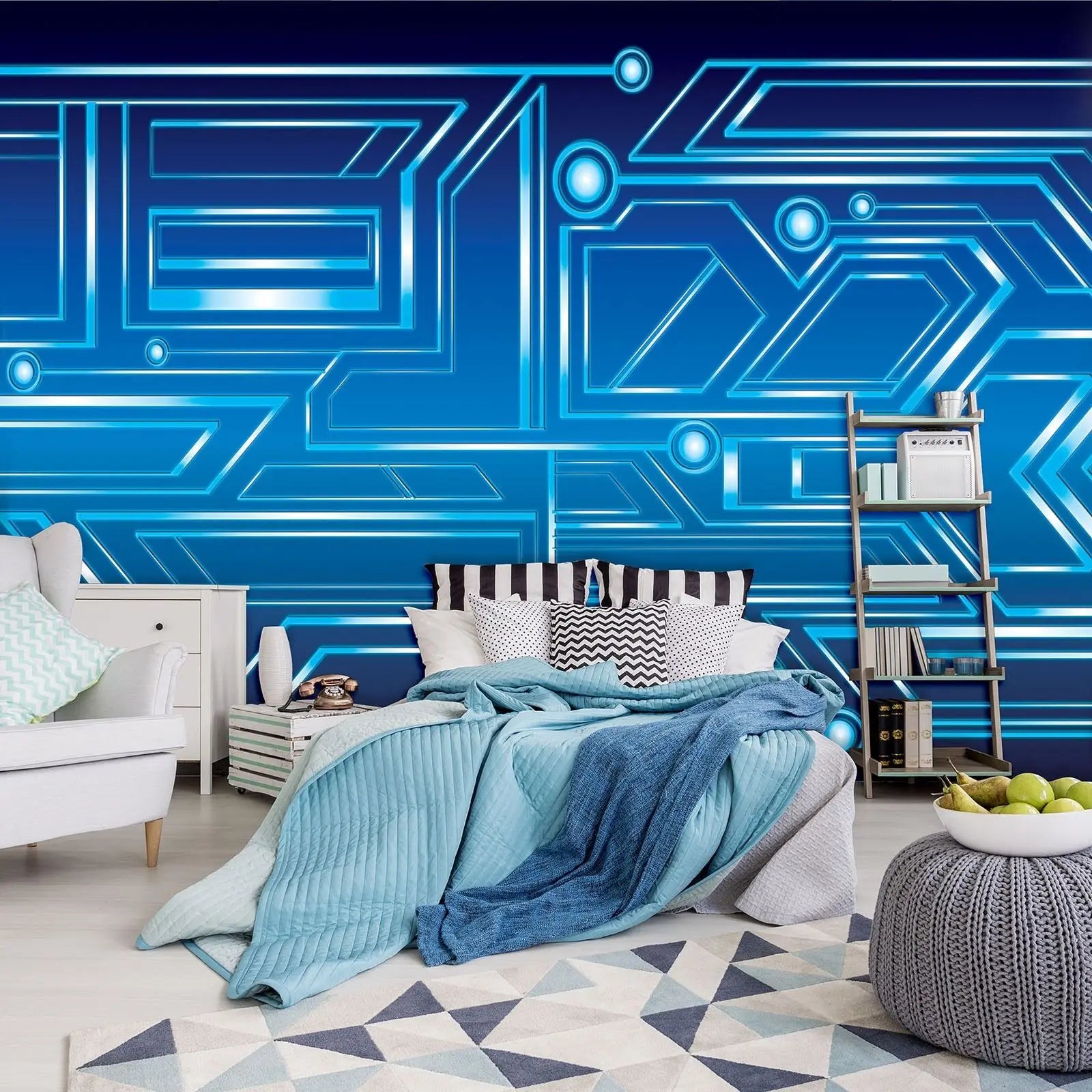 Billede 8 af Fototapet - Blåt teknologimønster med geometriske linjer