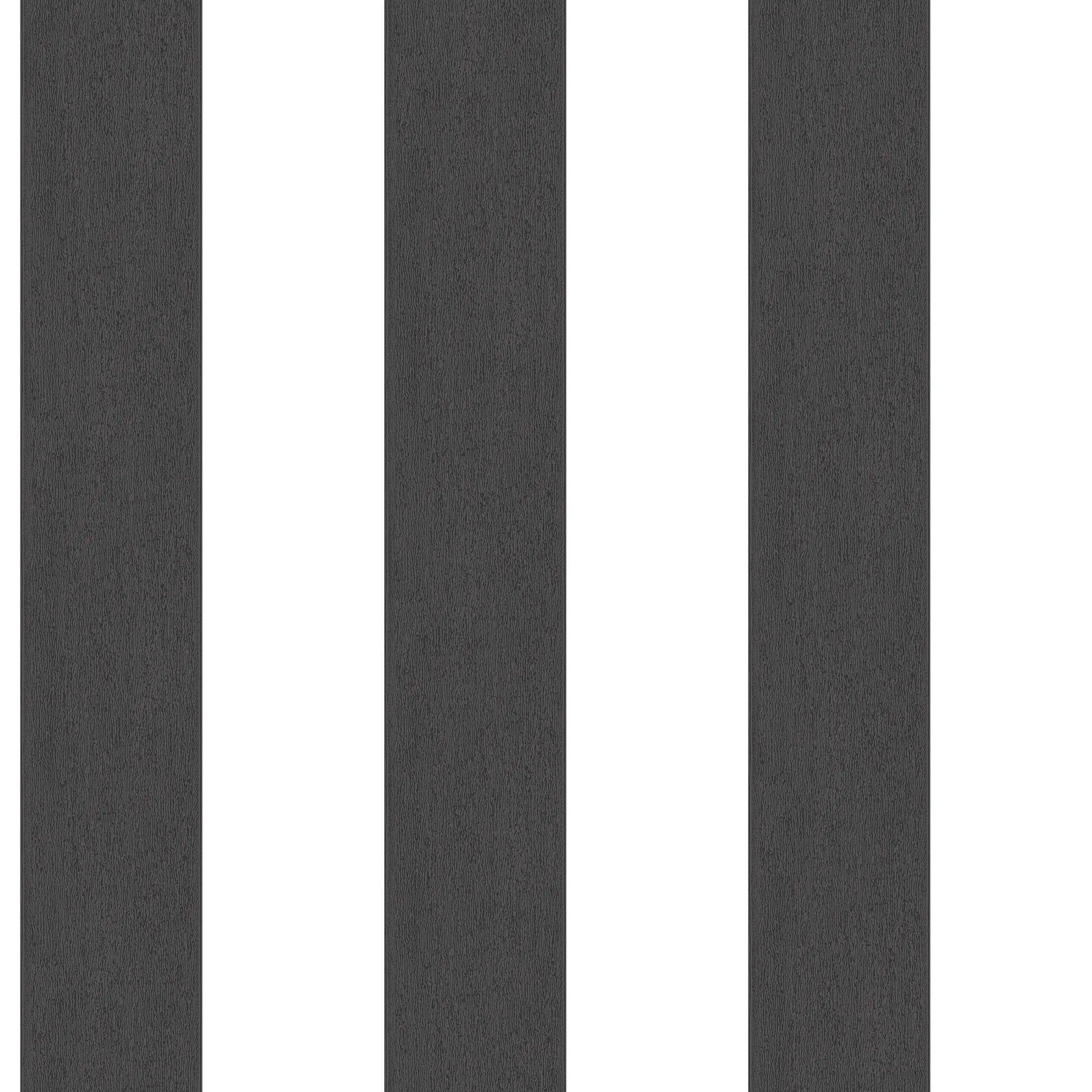 Nærbillede af Block Stripes - Charcoal tapet med skiftevis brede sorte og hvide lodrette striber.