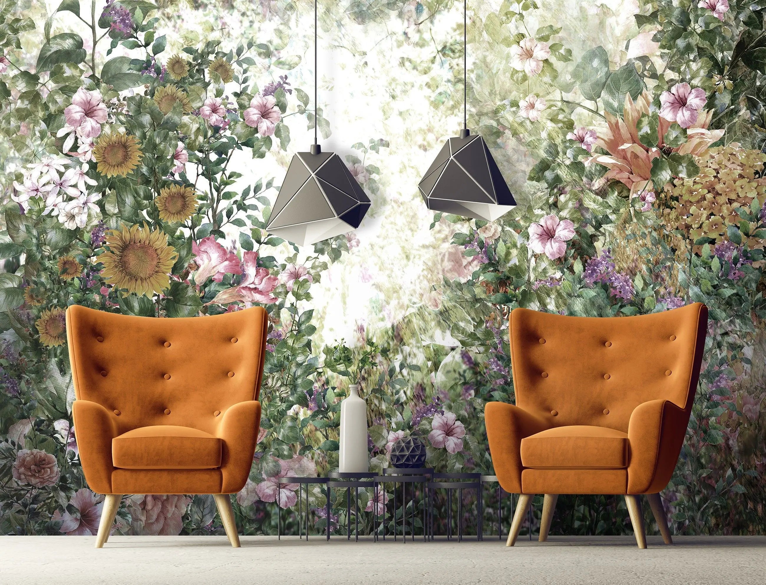 Billede 3 af Fototapet - Blomsterhave med forskellige farverige blomster og sollys