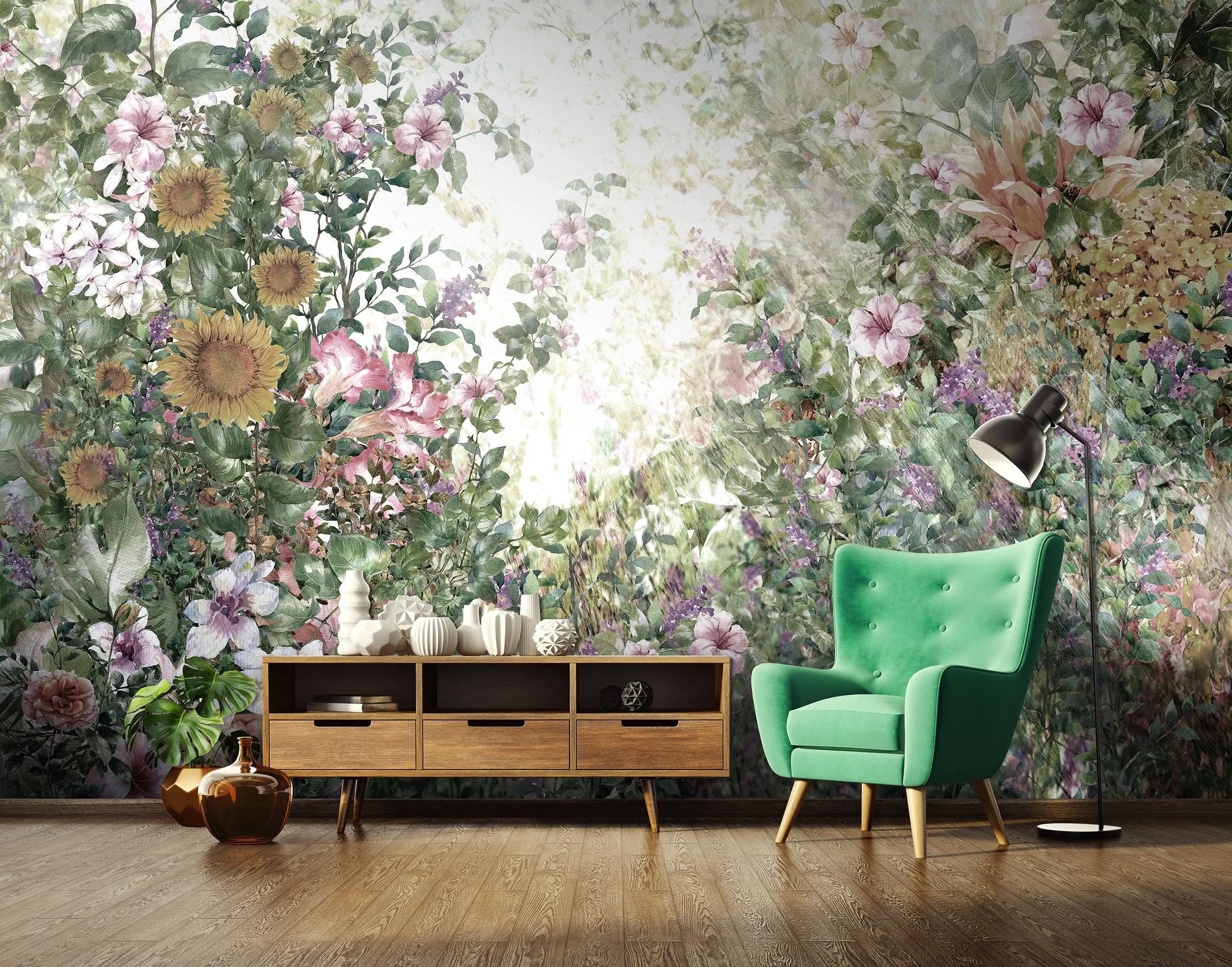 Billede 5 af Fototapet - Blomsterhave med forskellige farverige blomster og sollys