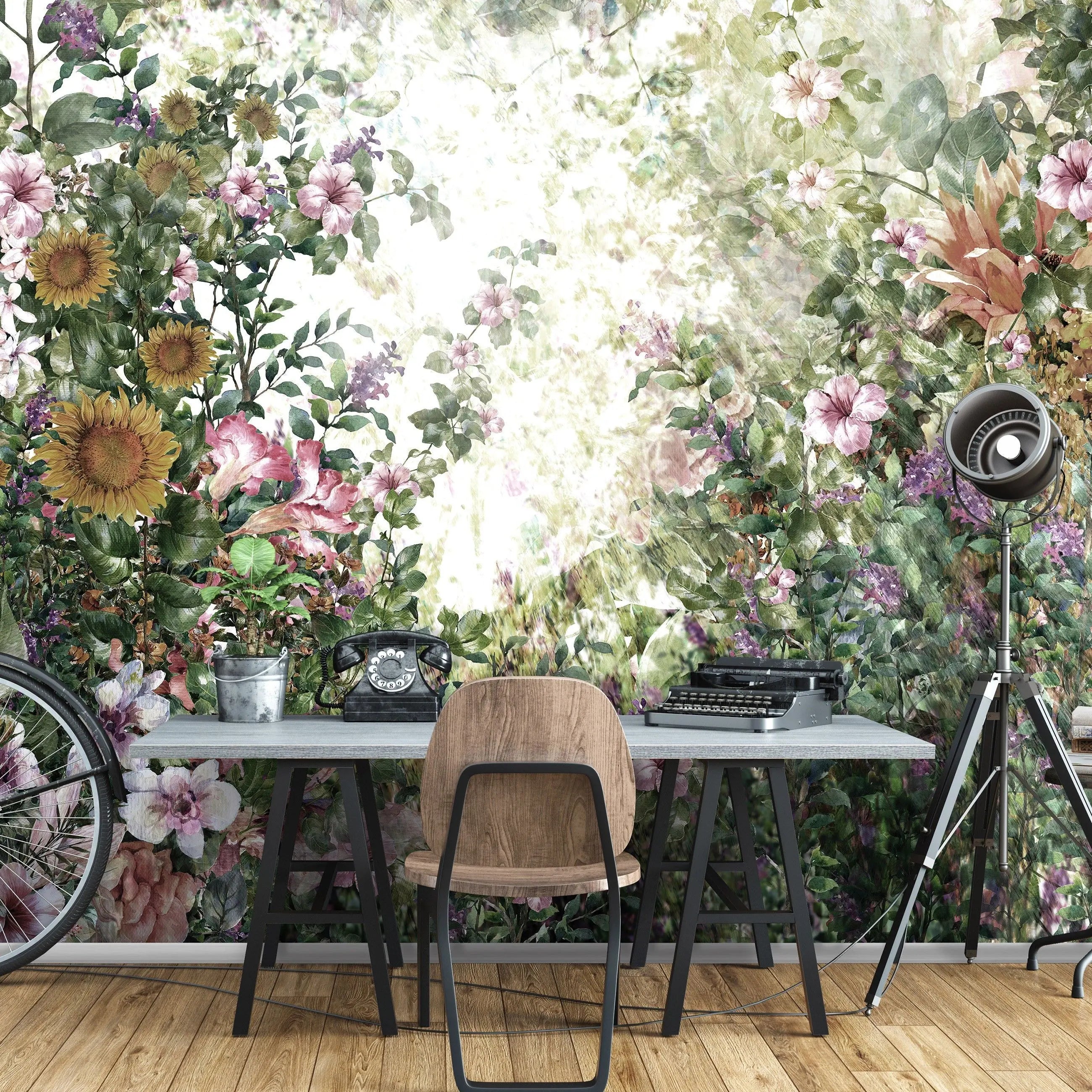 Billede 7 af Fototapet - Blomsterhave med forskellige farverige blomster og sollys