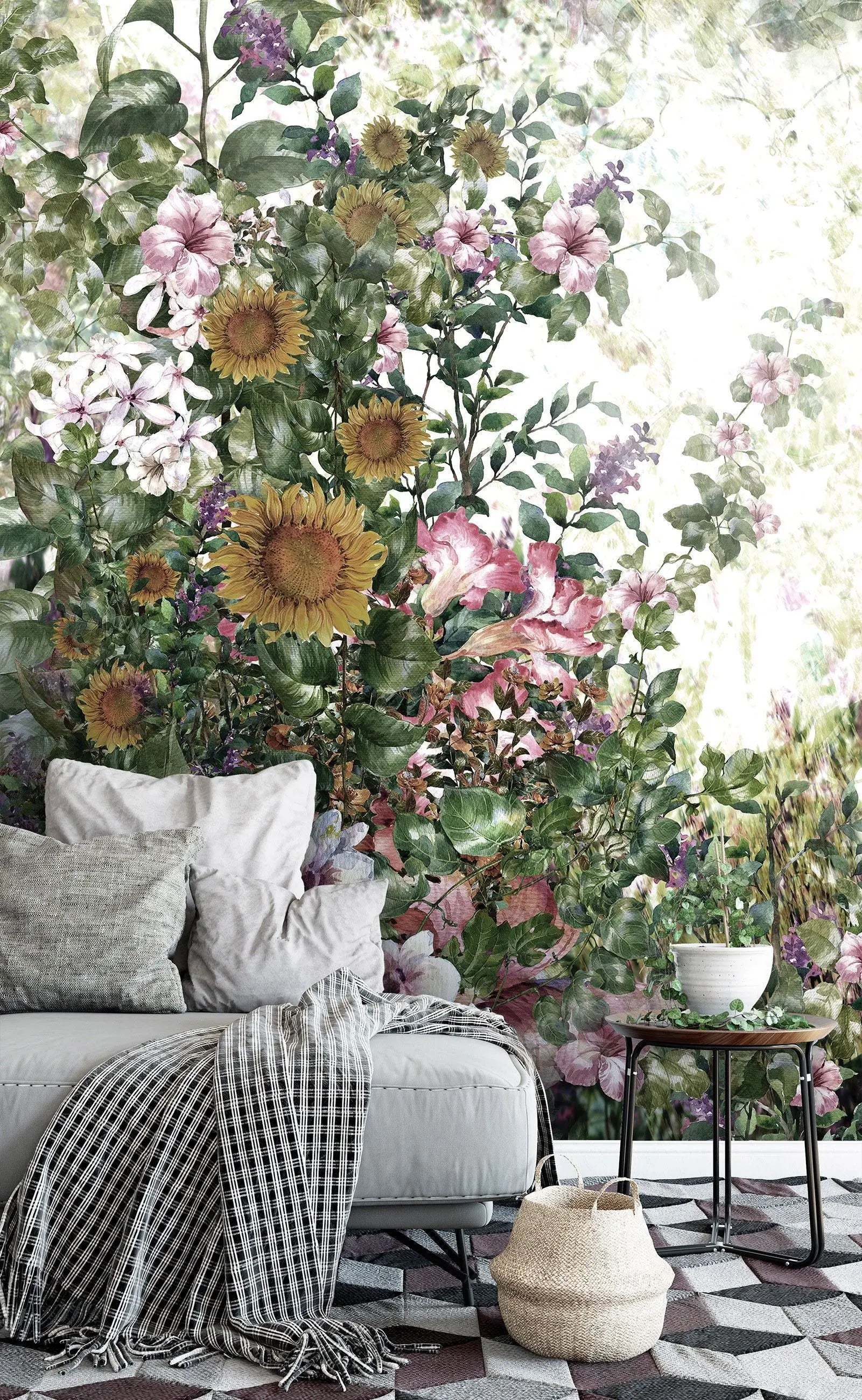 Billede 8 af Fototapet - Blomsterhave med forskellige farverige blomster og sollys