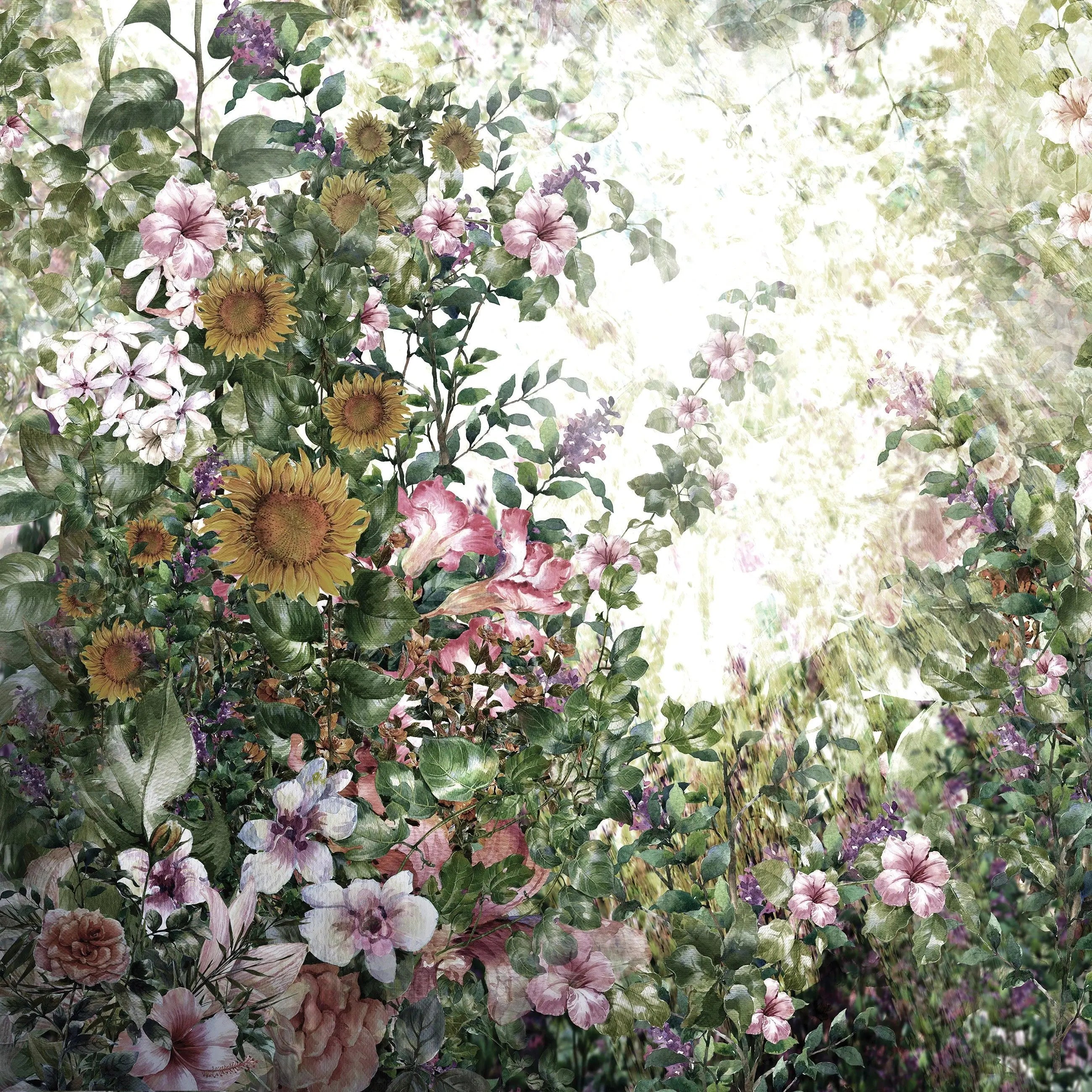 Billede 9 af Fototapet - Blomsterhave med forskellige farverige blomster og sollys